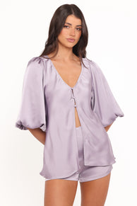Virgo Satin Puff Sleeve Button Up Short Set - Lilac
