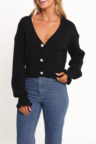 Zana Ribbed Ruffle Cuff Knit Sweater - Black