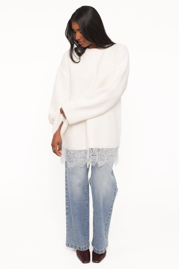 Zela Lace Trimmed Fluffy Jumper - Cream