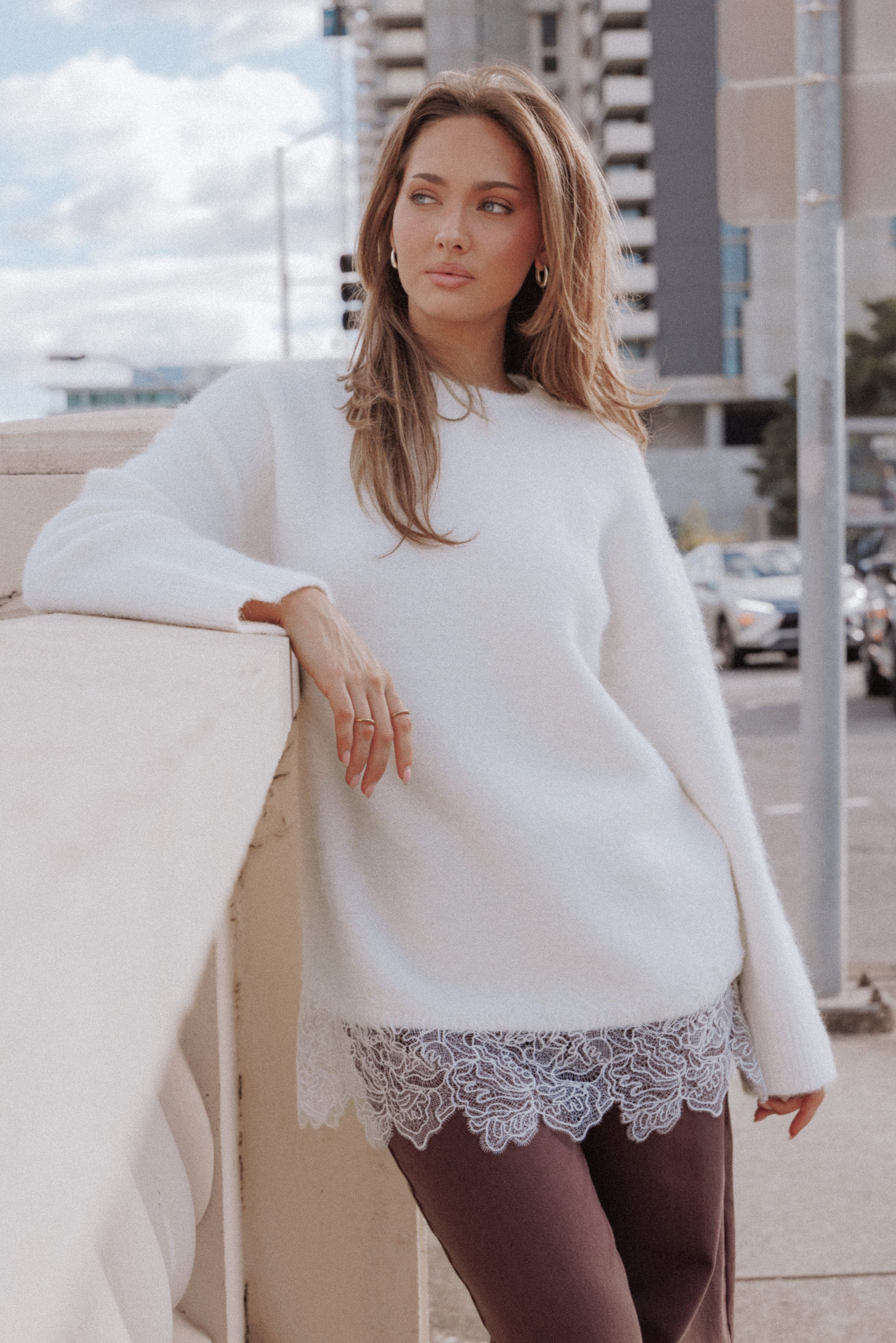 Zela Lace Trimmed Fluffy Jumper - Cream