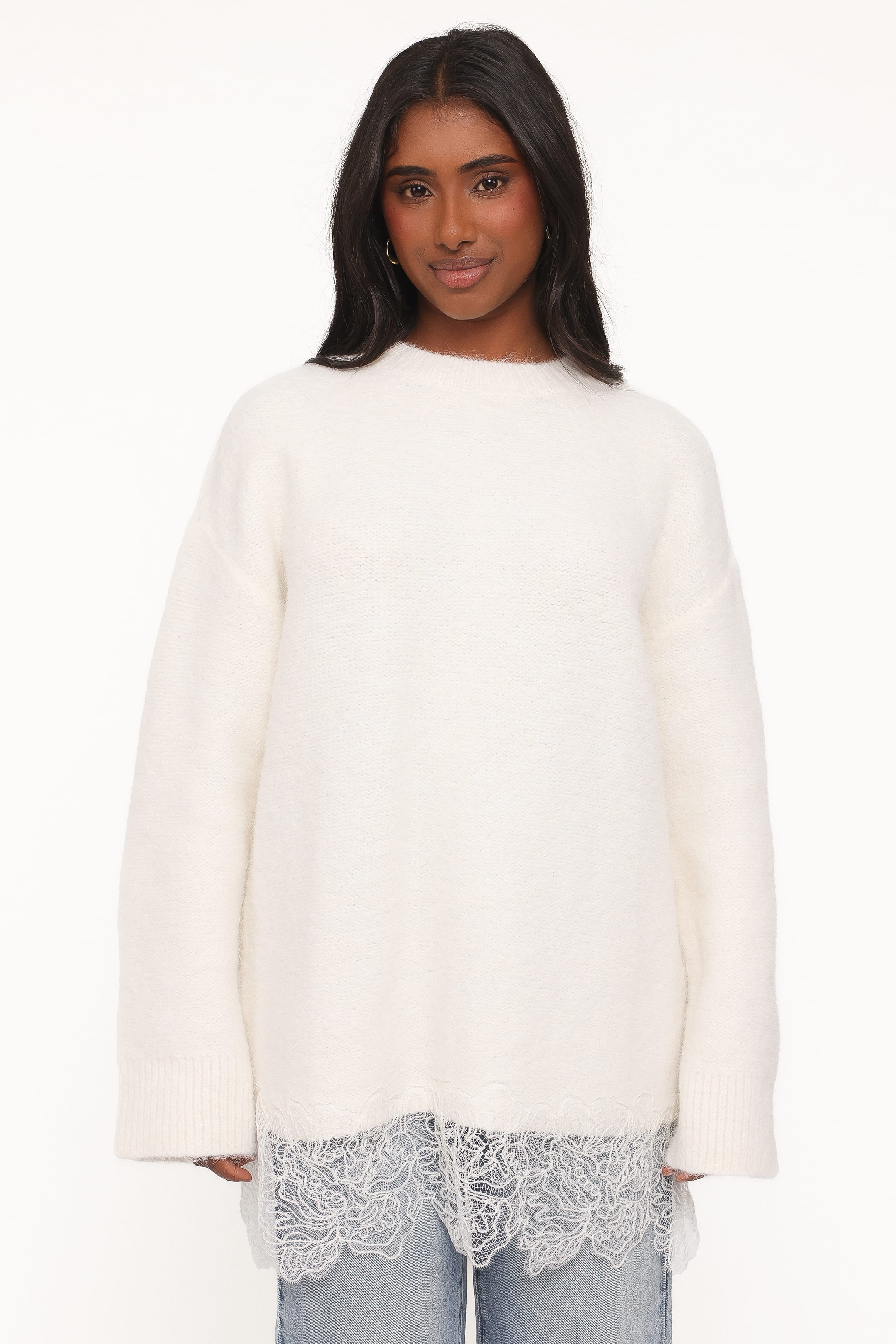 Zela Lace Trimmed Fluffy Jumper - Cream