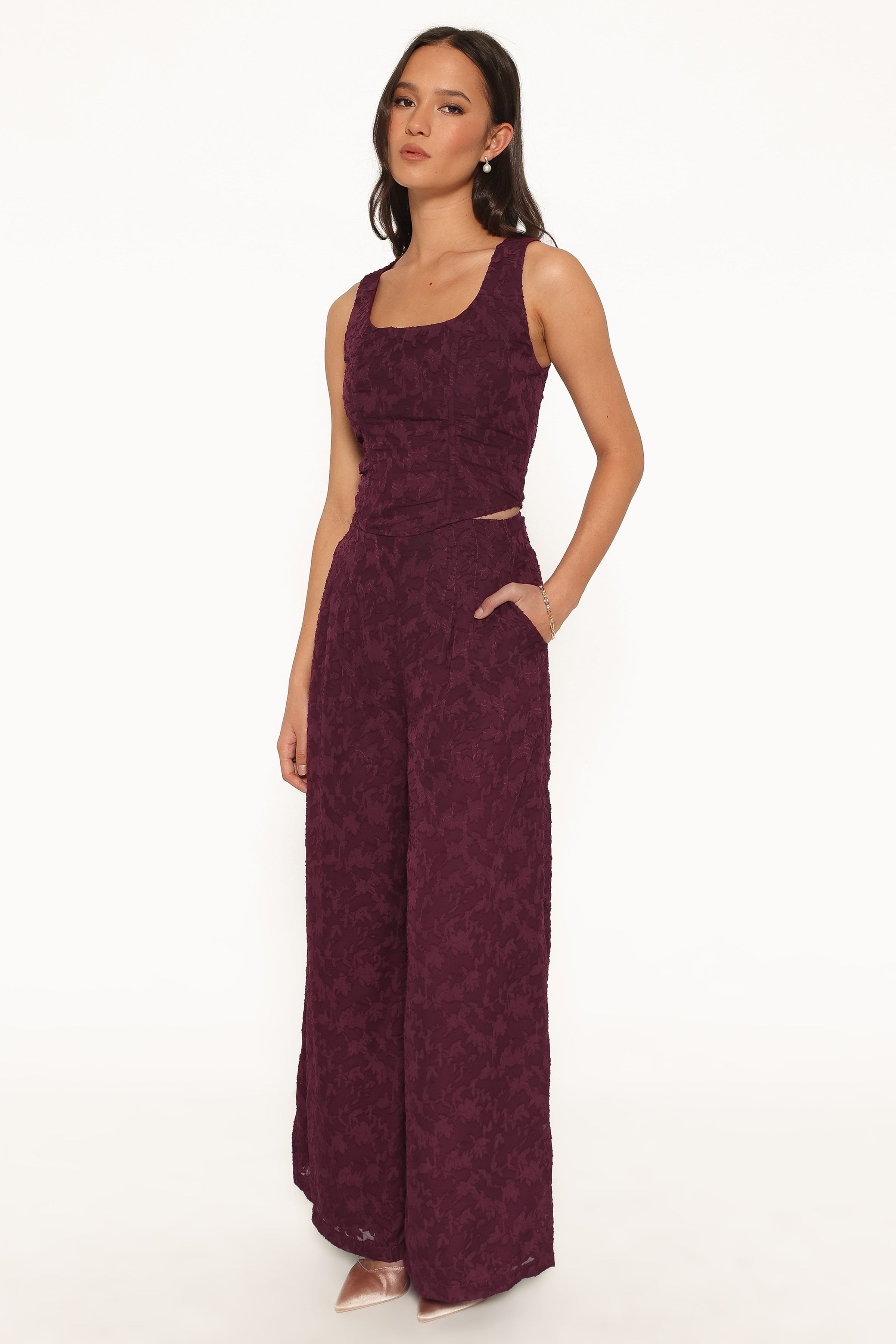 BOTTOMS Ada Wide Leg Pants - Plum Burnout