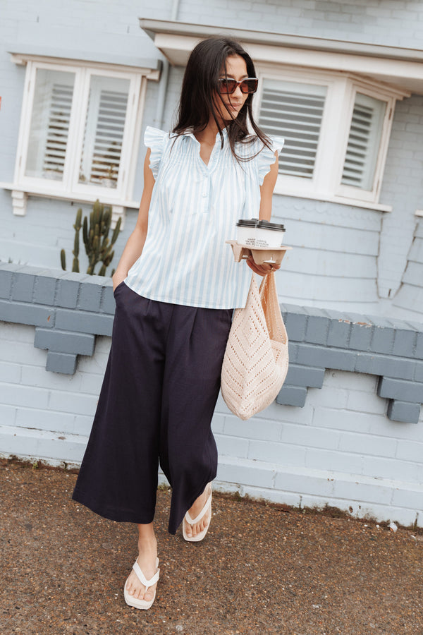 BOTTOMS Aldena Linen Blend Culotte Pants - Navy
