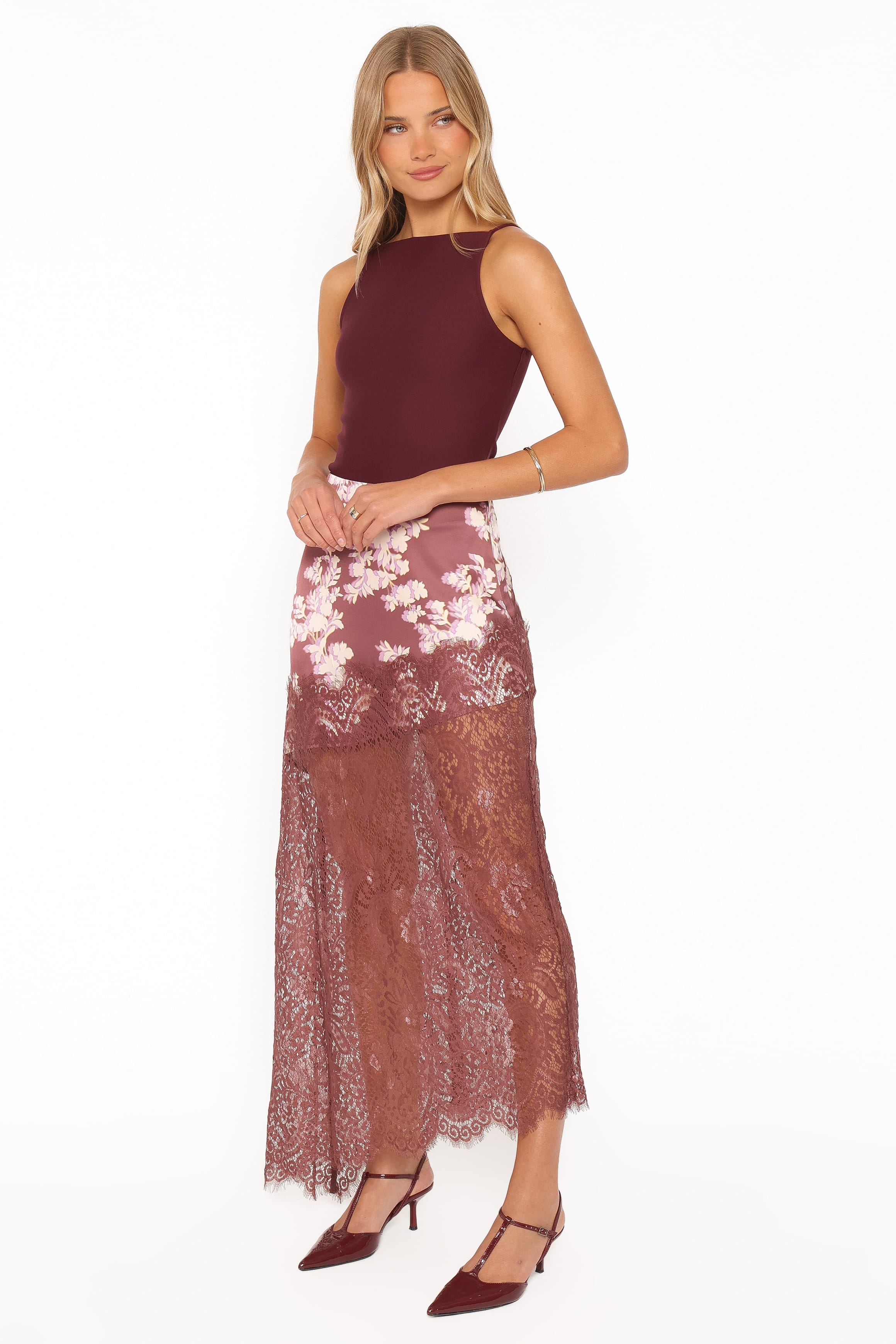 BOTTOMS Ali Lace Trim Midi Skirt - Pink Rum Floral