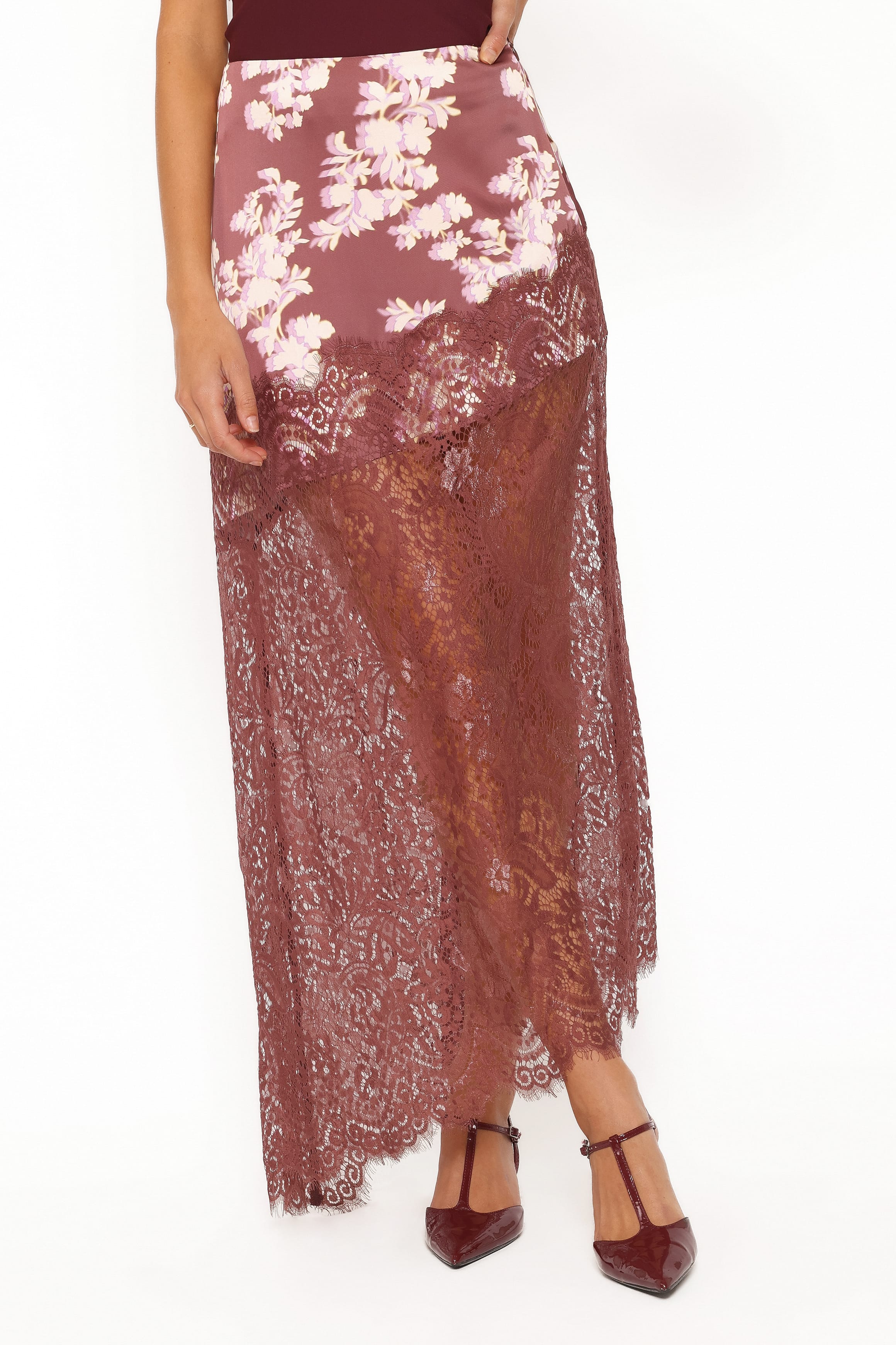 BOTTOMS Ali Lace Trim Midi Skirt - Pink Rum Floral