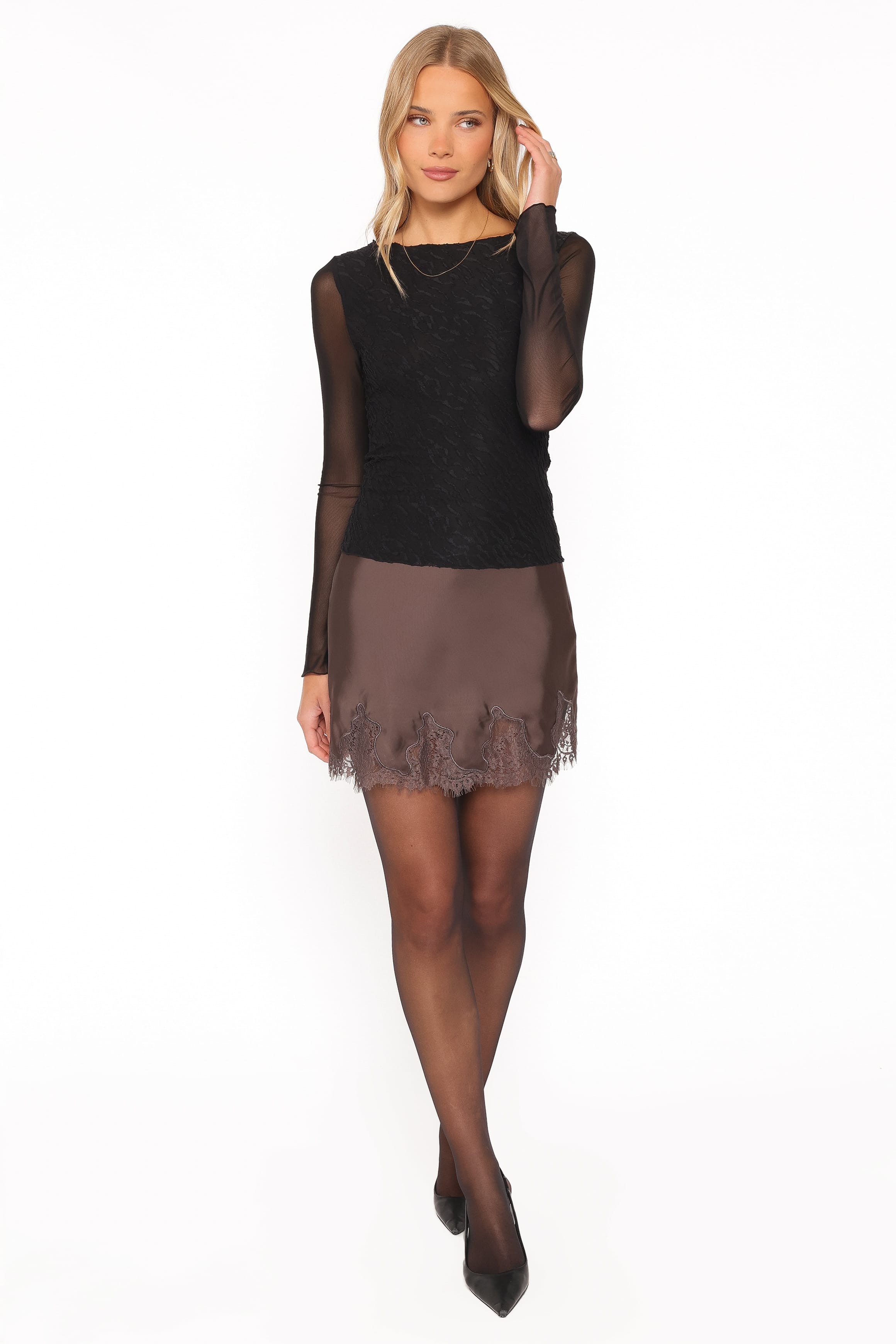 BOTTOMS Alira Lace Trim Mini Skirt - Chocolate Brown