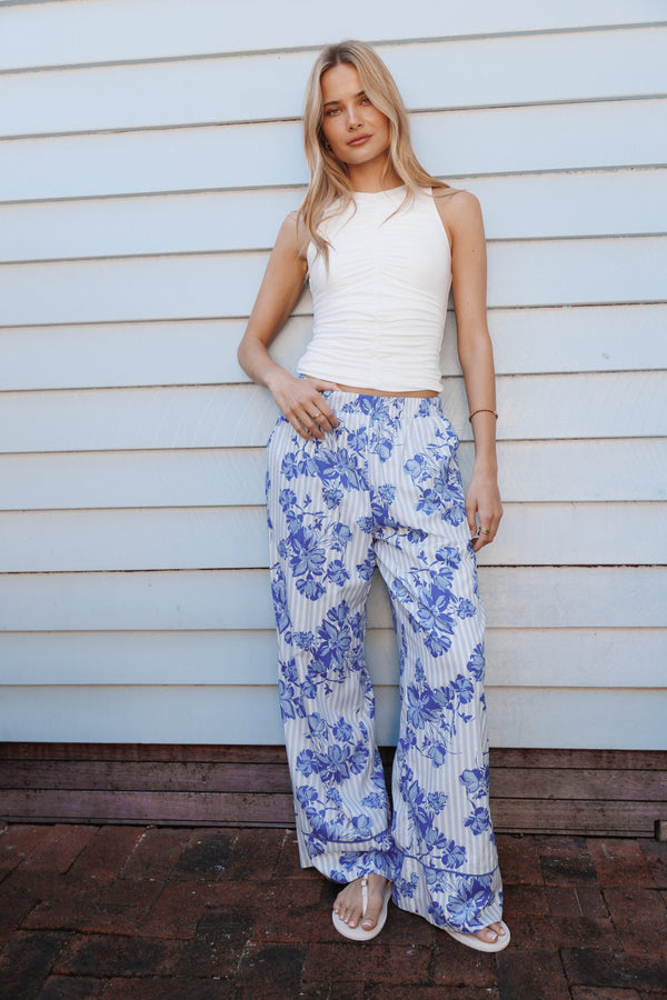BOTTOMS Braxton Wide Leg Cuff Pants - Paisley Blue Stripe