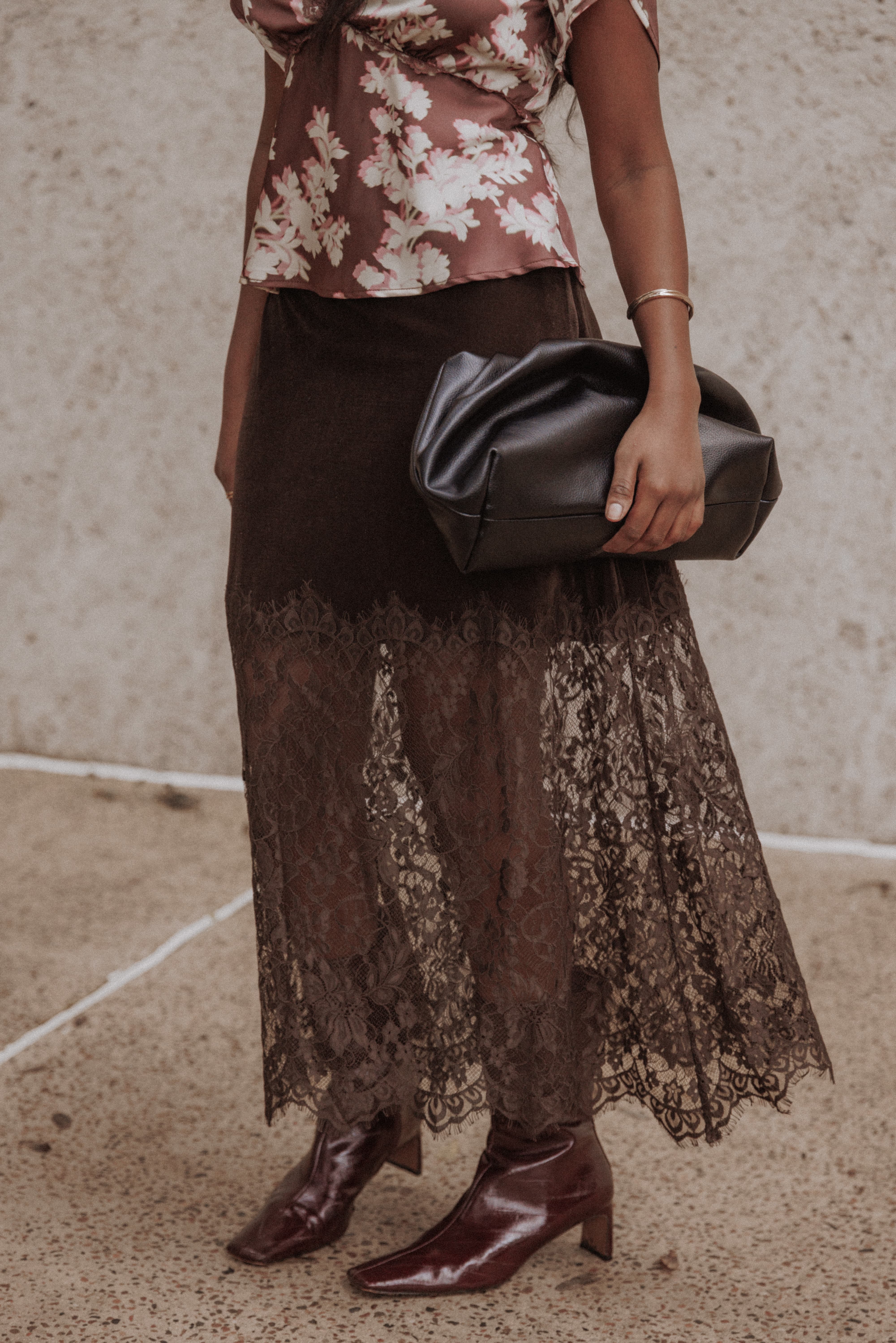 BOTTOMS Bridie Lace Trim Midi Skirt - Chocolate Velvet