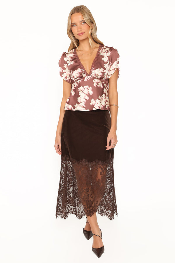 BOTTOMS Bridie Lace Trim Midi Skirt - Chocolate Velvet