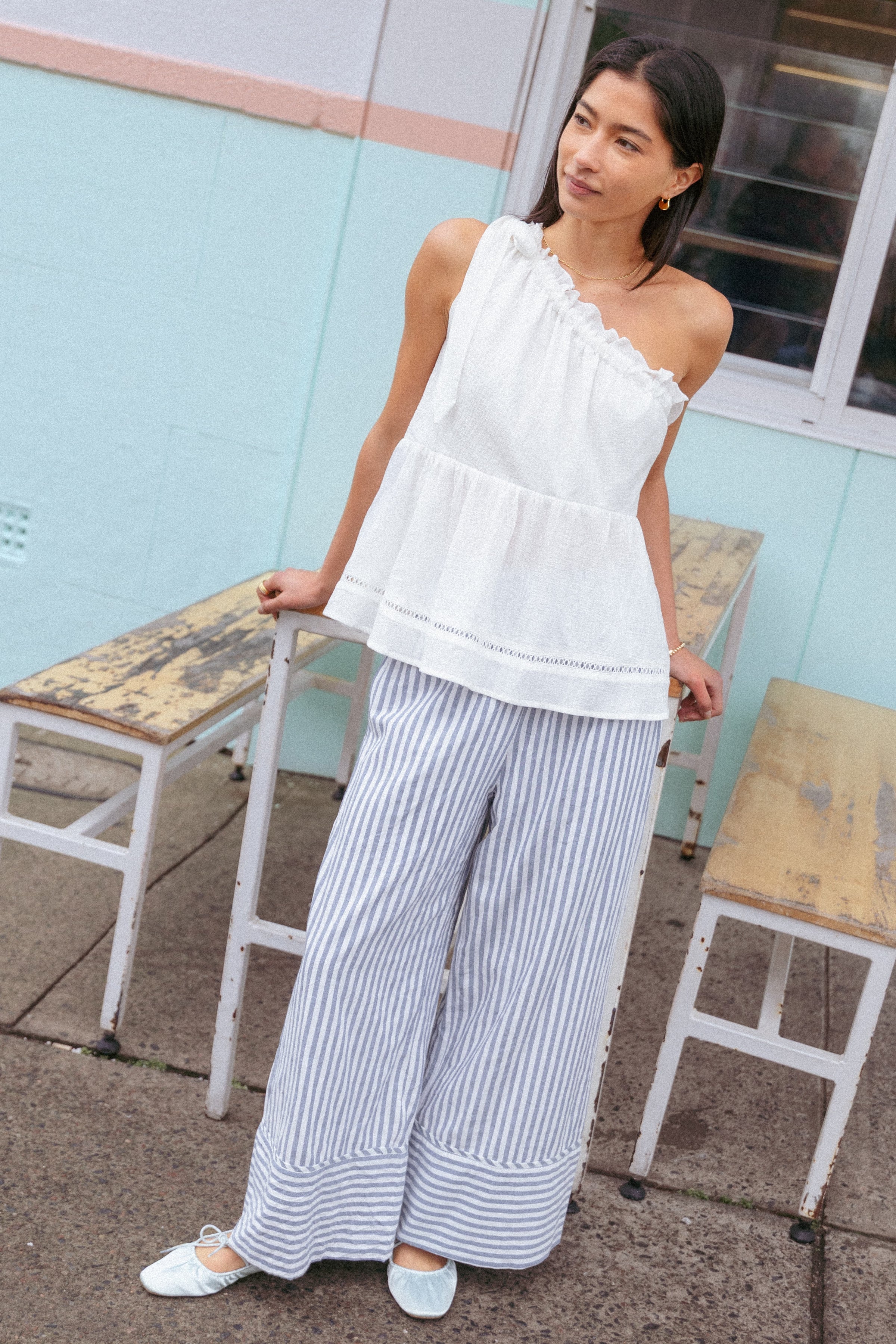 BOTTOMS Callina Wide Leg Culotte Pants - Blue/White Stripe