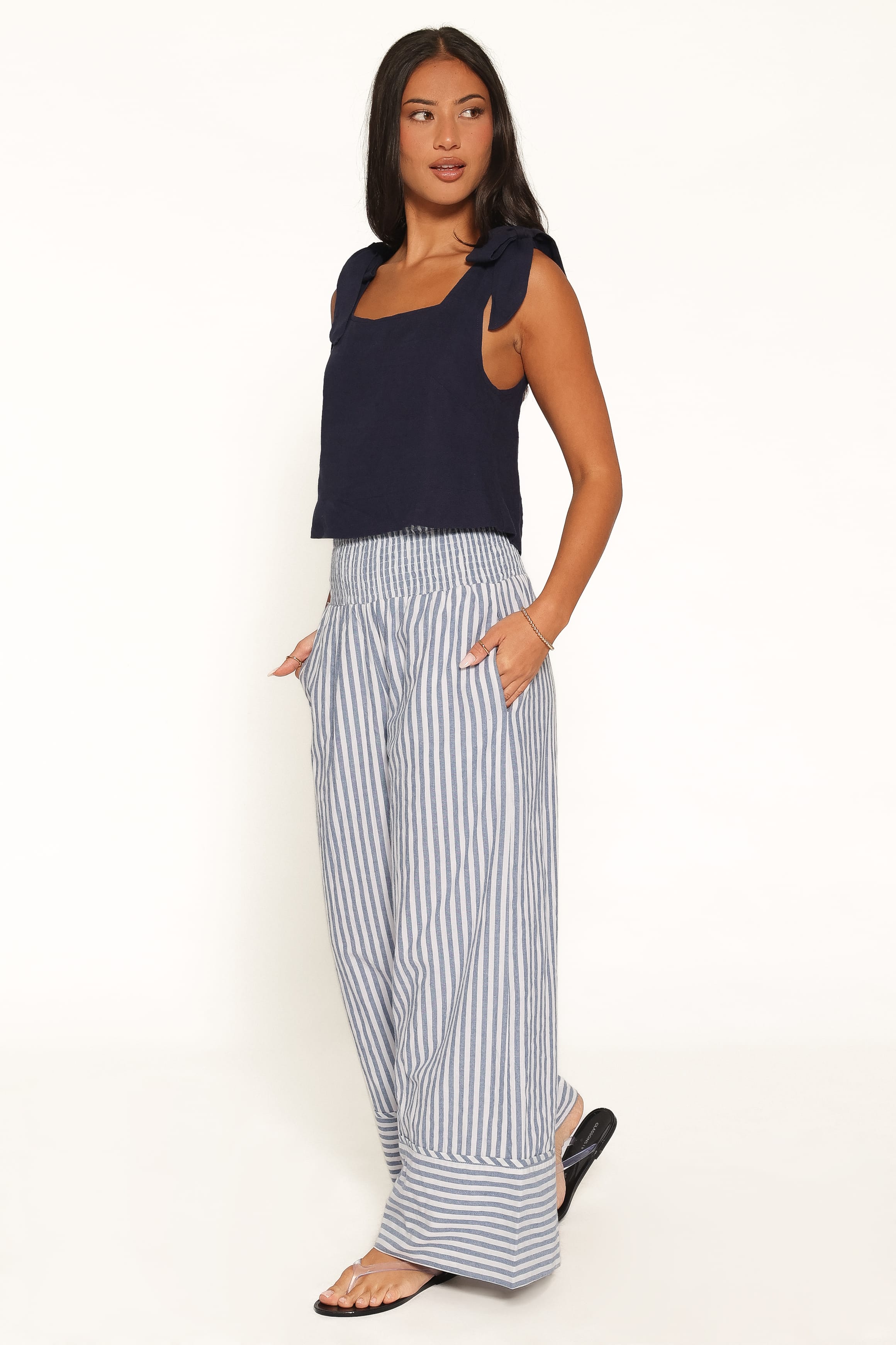 BOTTOMS Callina Wide Leg Culotte Pants - Blue/White Stripe