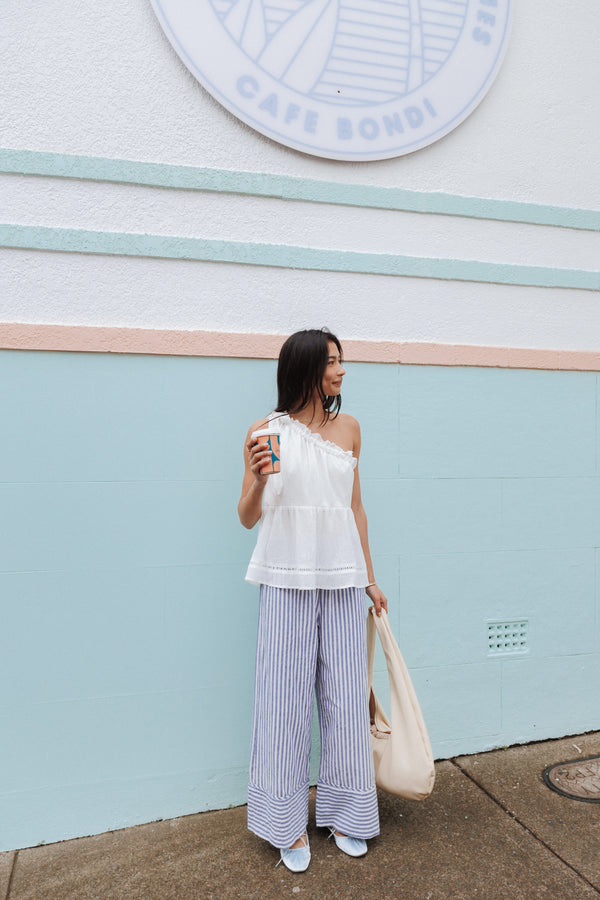 BOTTOMS Callina Wide Leg Culotte Pants - Blue/White Stripe