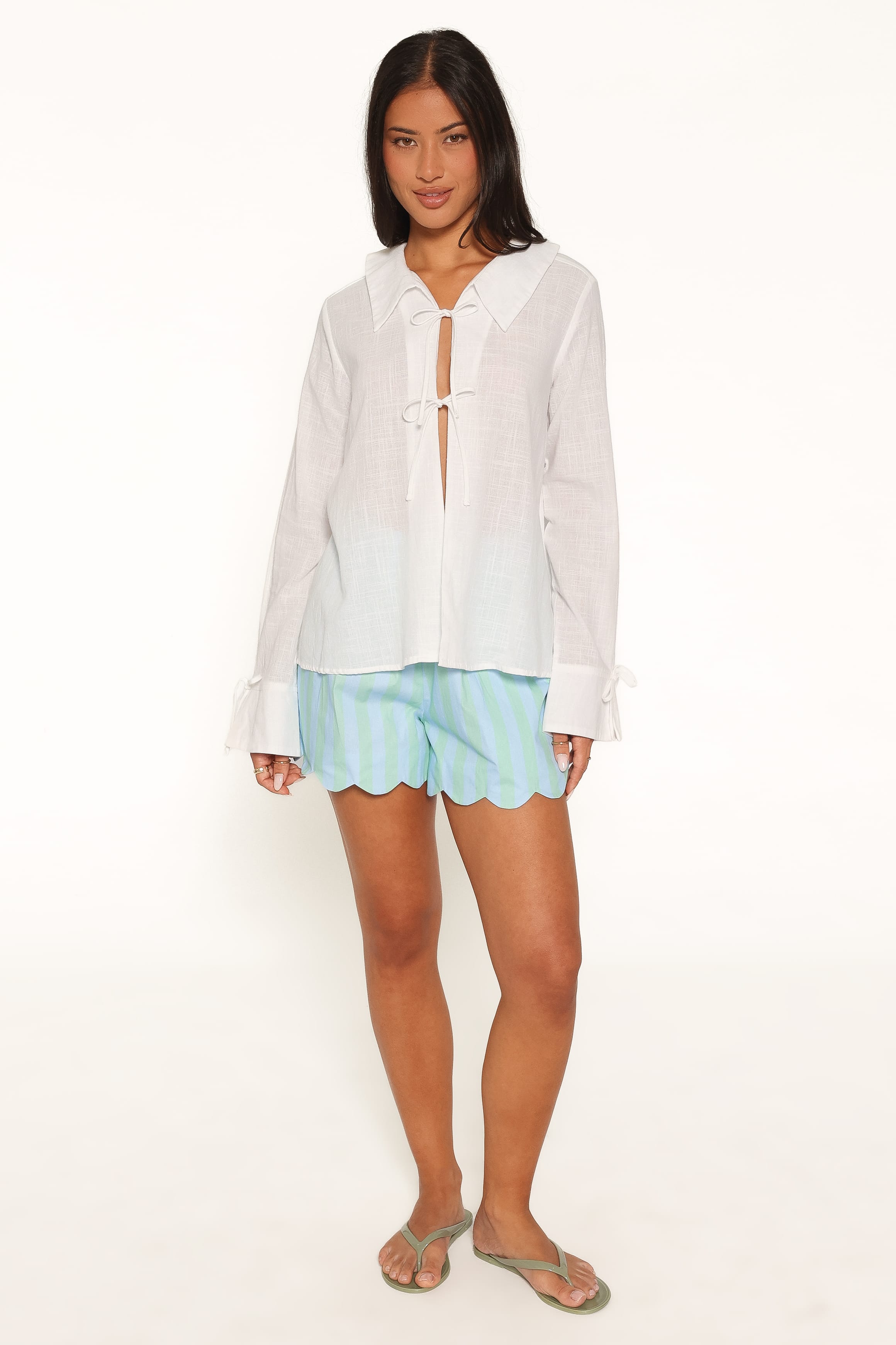 BOTTOMS Carlon Scallop Hem Shorts - Green/Blue Stripe