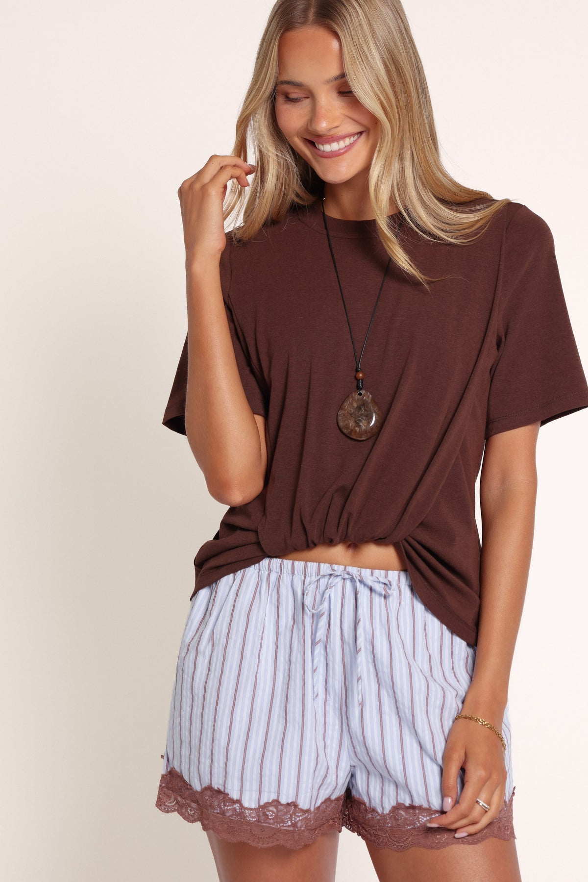 BOTTOMS Cassidy Lace Trim Shorts - Blue/Brown Stripe