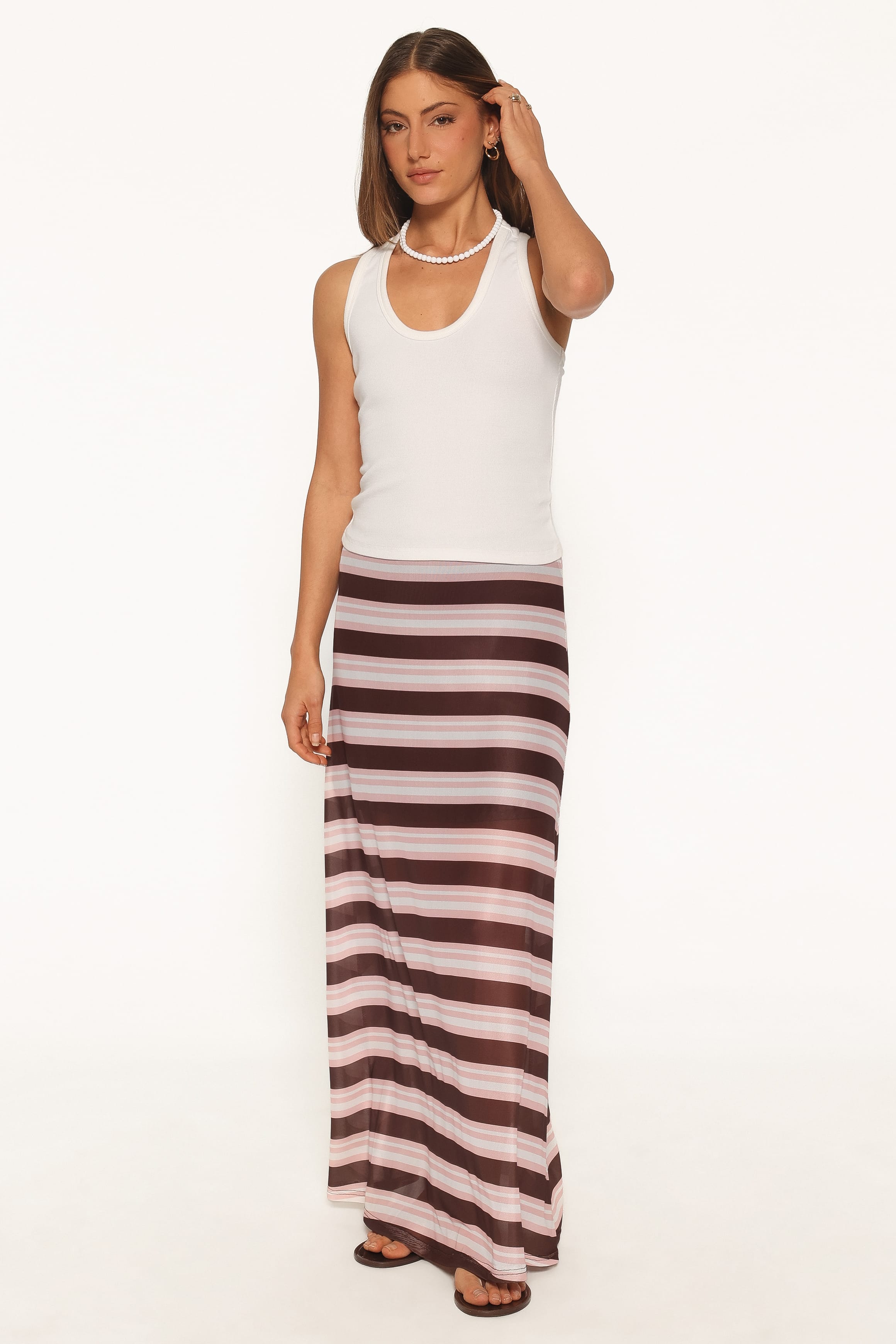 BOTTOMS Dia Mesh Column Skirt - Pink/Brown Stripe