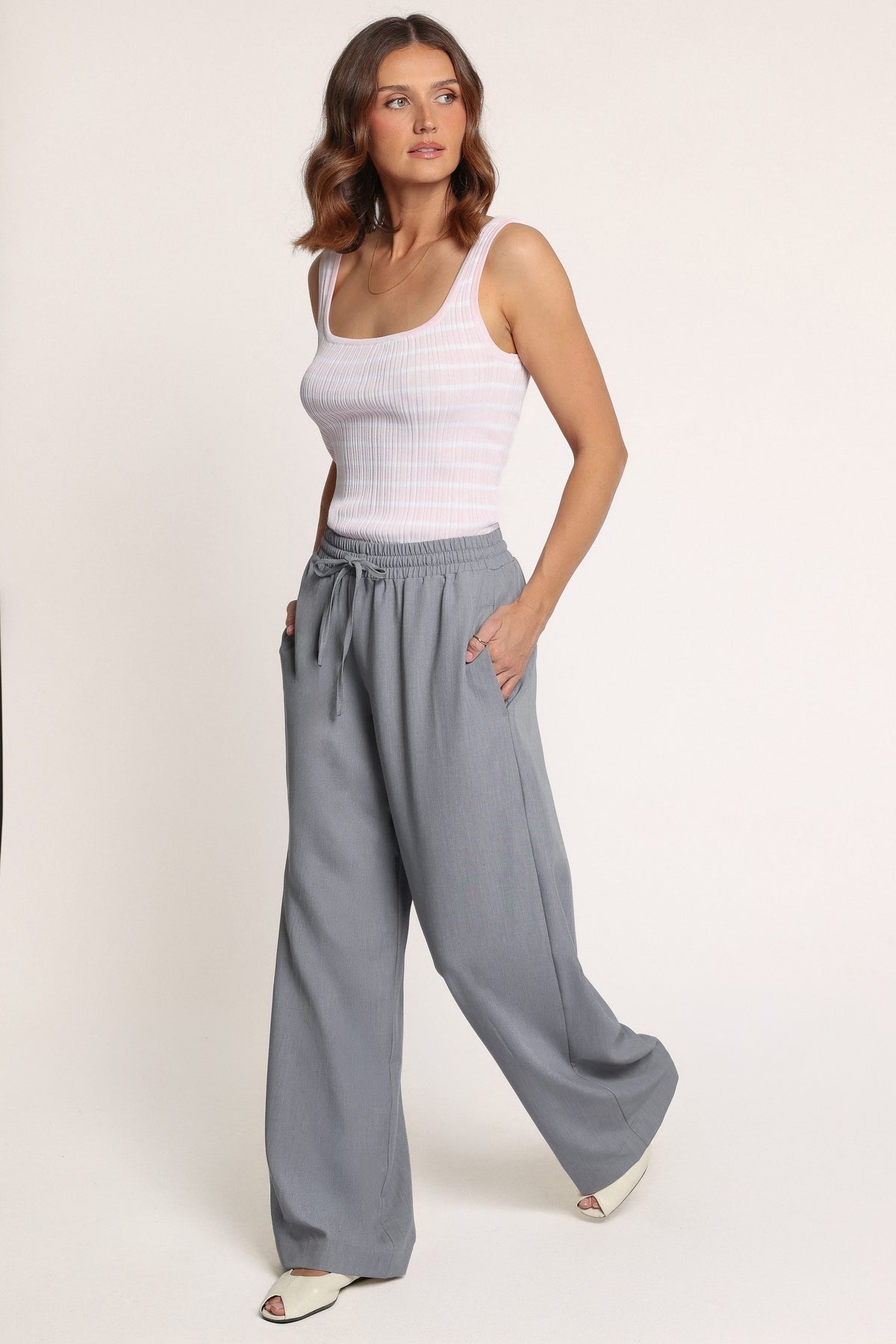 BOTTOMS Drapey Elastic Waist Wide Leg Pants - Heather Grey