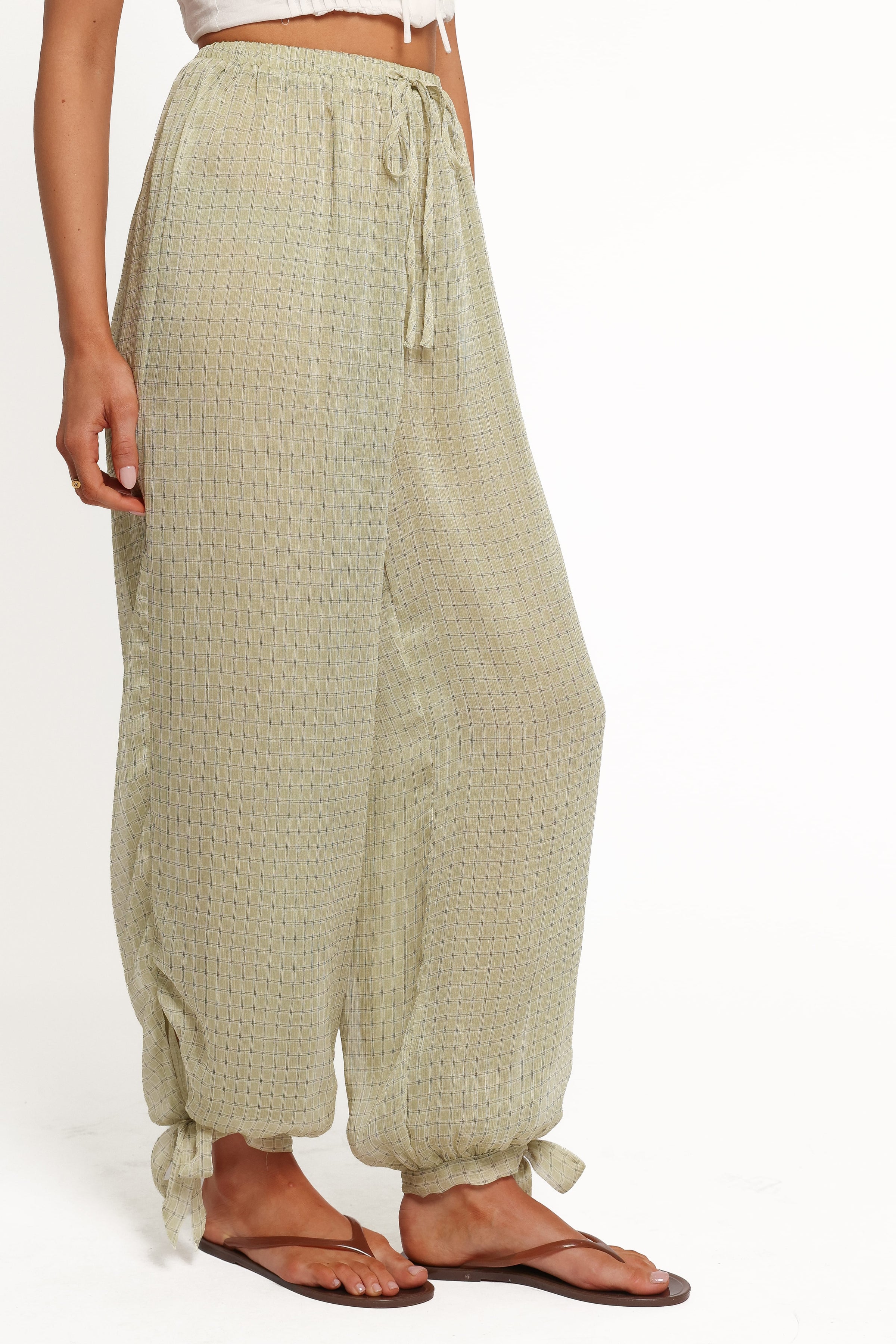 BOTTOMS Gina Chiffon Tie Pants - Green Geometric