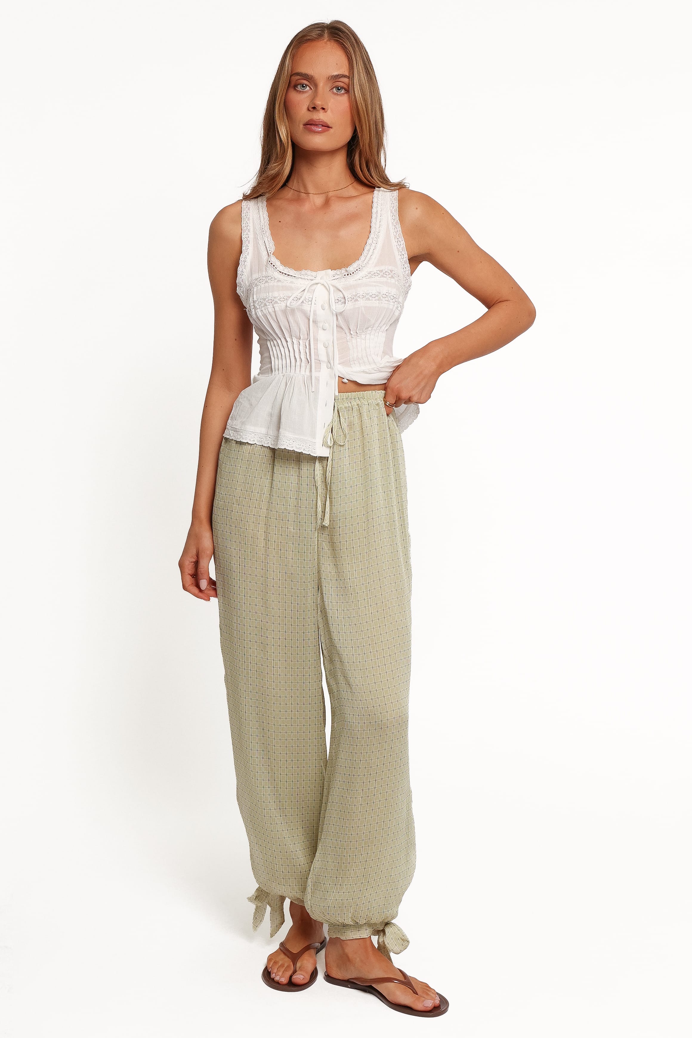 BOTTOMS Gina Chiffon Tie Pants - Green Geometric