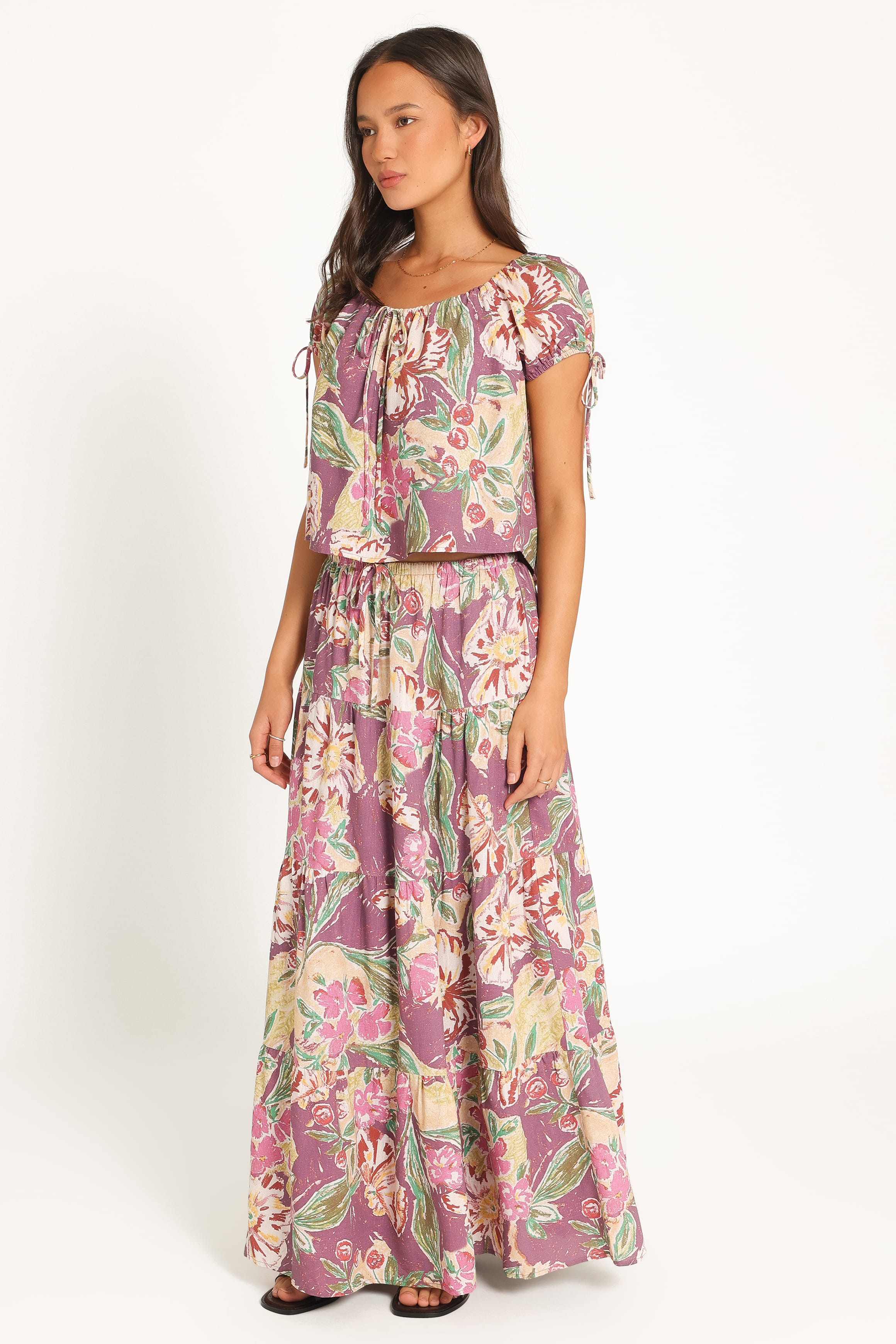 BOTTOMS Henley Tiered Maxi Skirt - Purple Floral