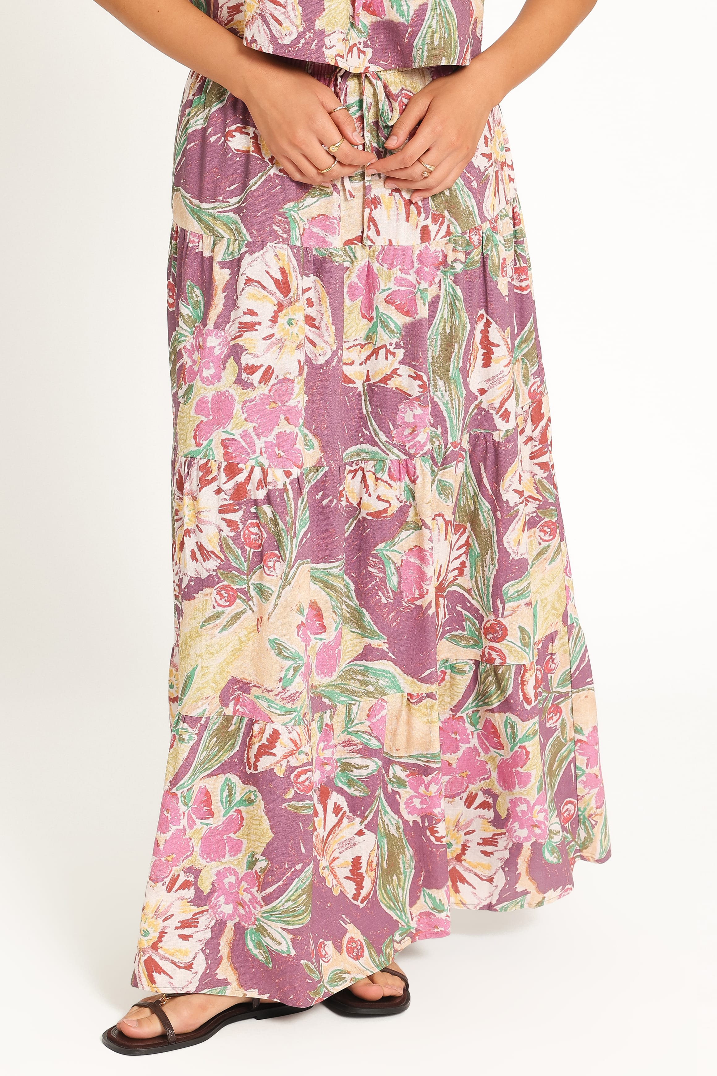 BOTTOMS Henley Tiered Maxi Skirt - Purple Floral
