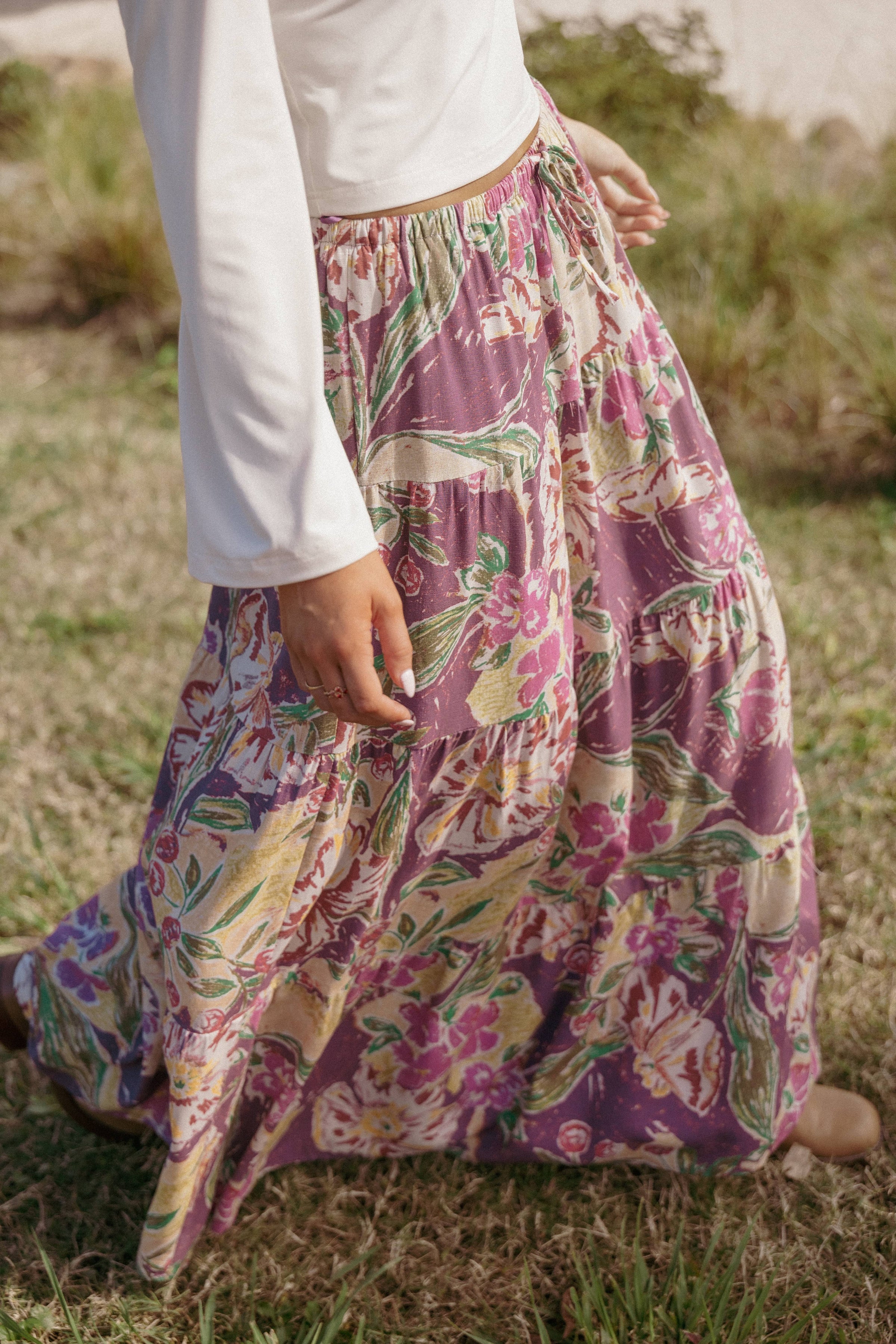 BOTTOMS Henley Tiered Maxi Skirt - Purple Floral