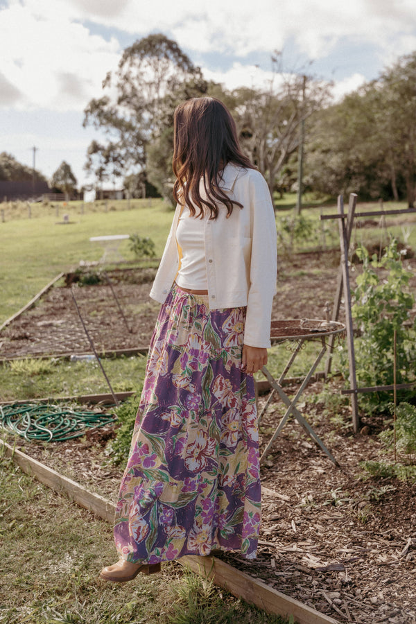 BOTTOMS Henley Tiered Maxi Skirt - Purple Floral