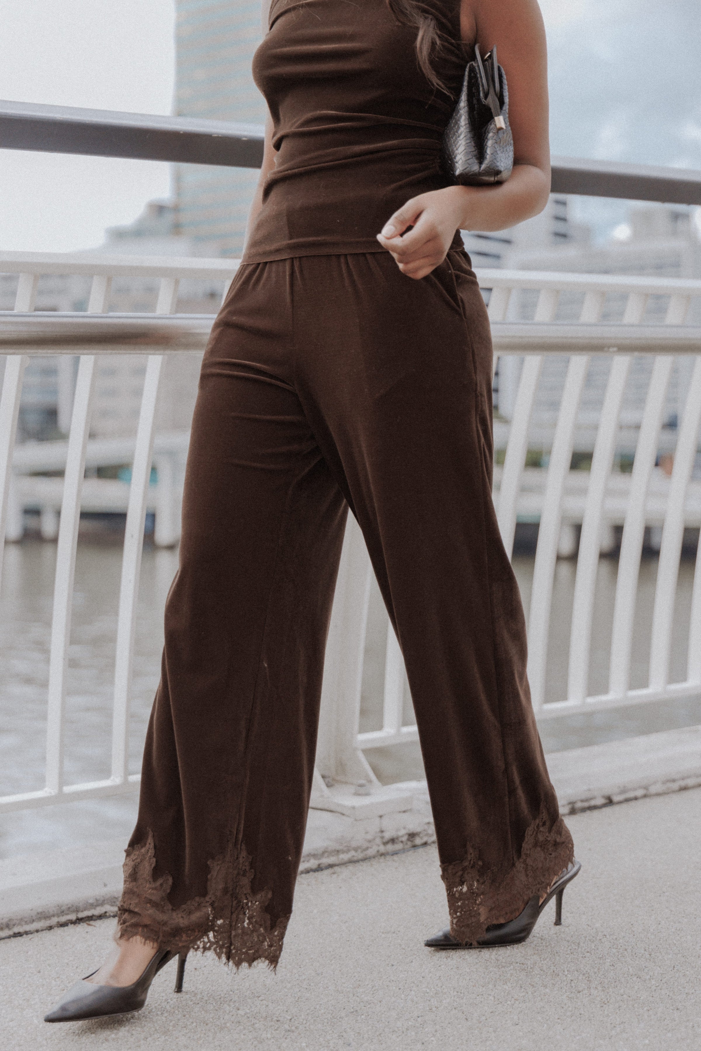 BOTTOMS Layton Wide Leg Lace Trim Pants - Chocolate Velvet