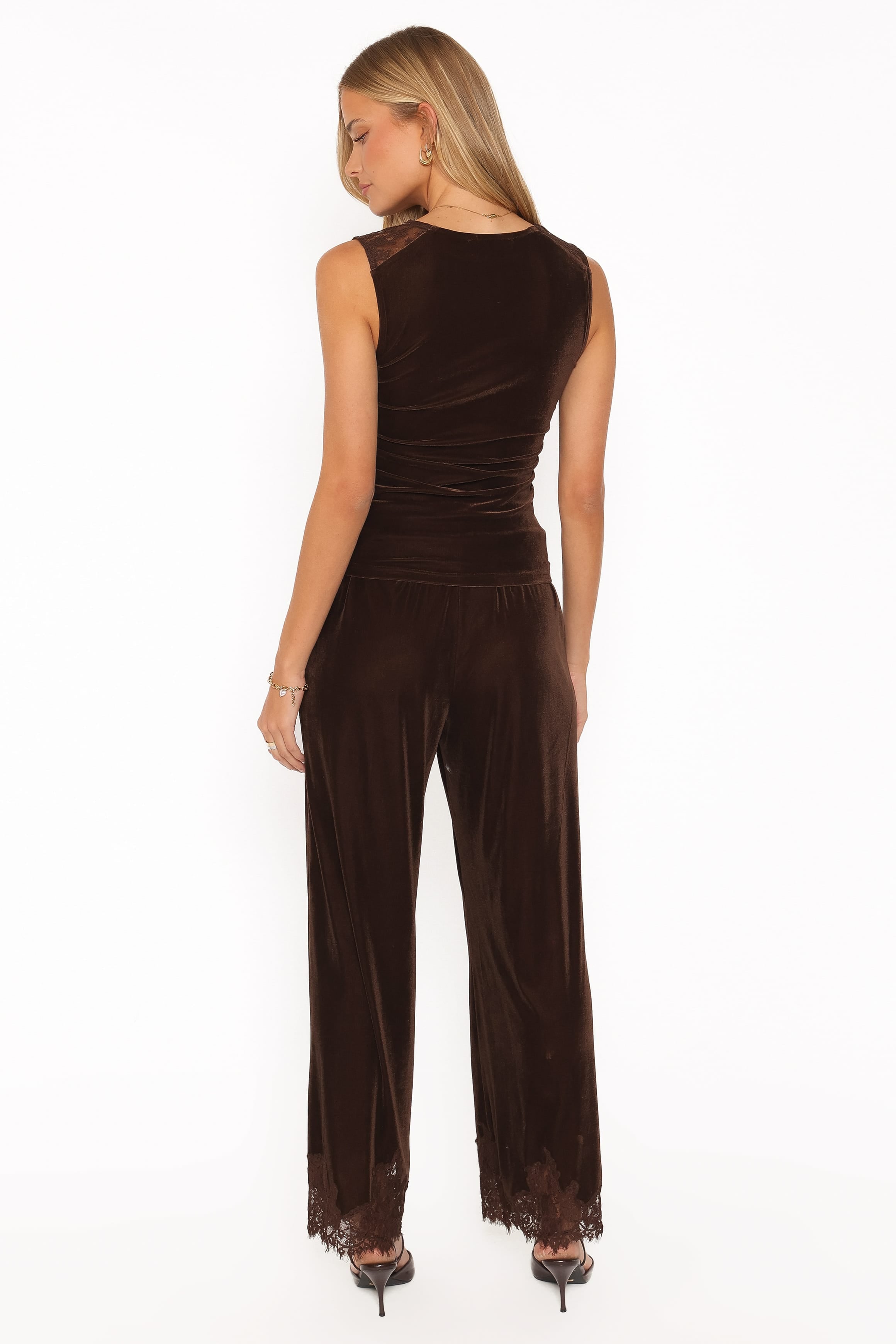 BOTTOMS Layton Wide Leg Lace Trim Pants - Chocolate Velvet