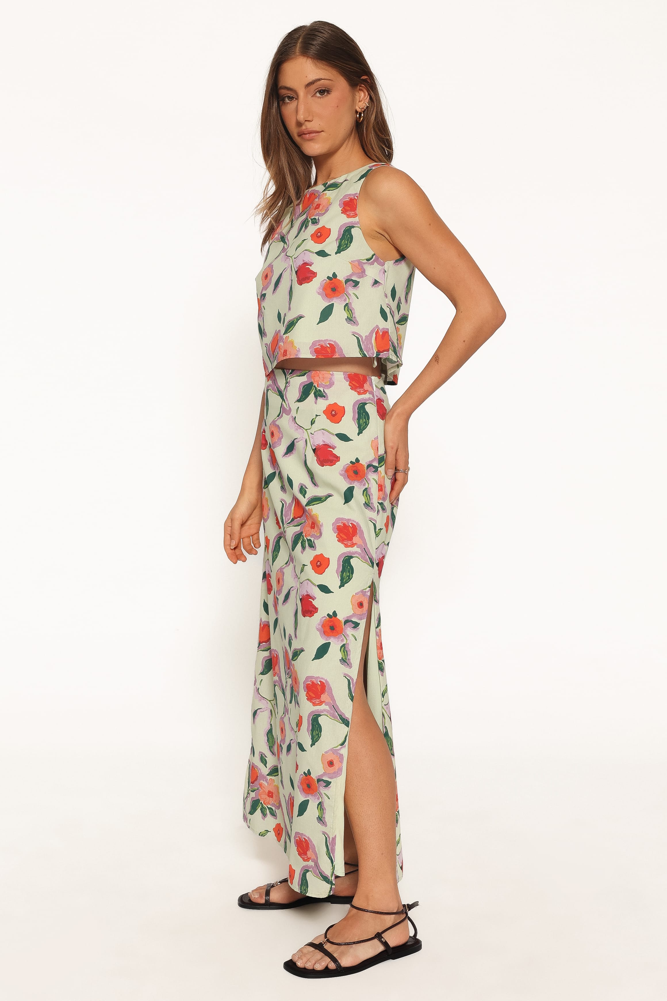 BOTTOMS Madison Linen Column Skirt - Green Painted Floral