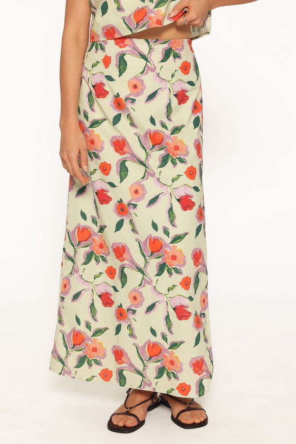 BOTTOMS Madison Linen Column Skirt - Green Painted Floral