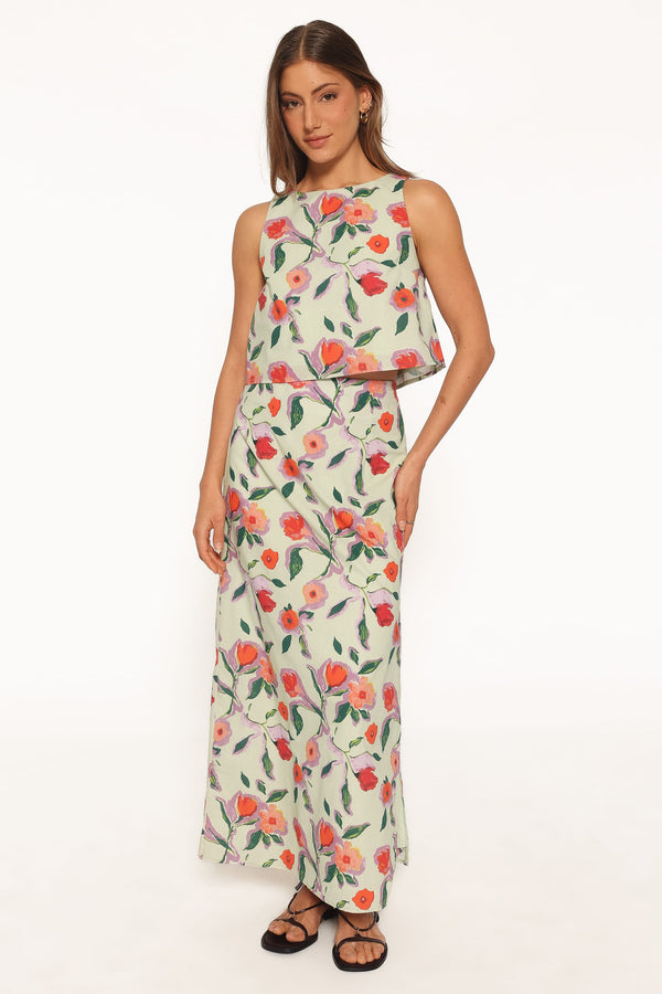 BOTTOMS Madison Linen Column Skirt - Green Painted Floral