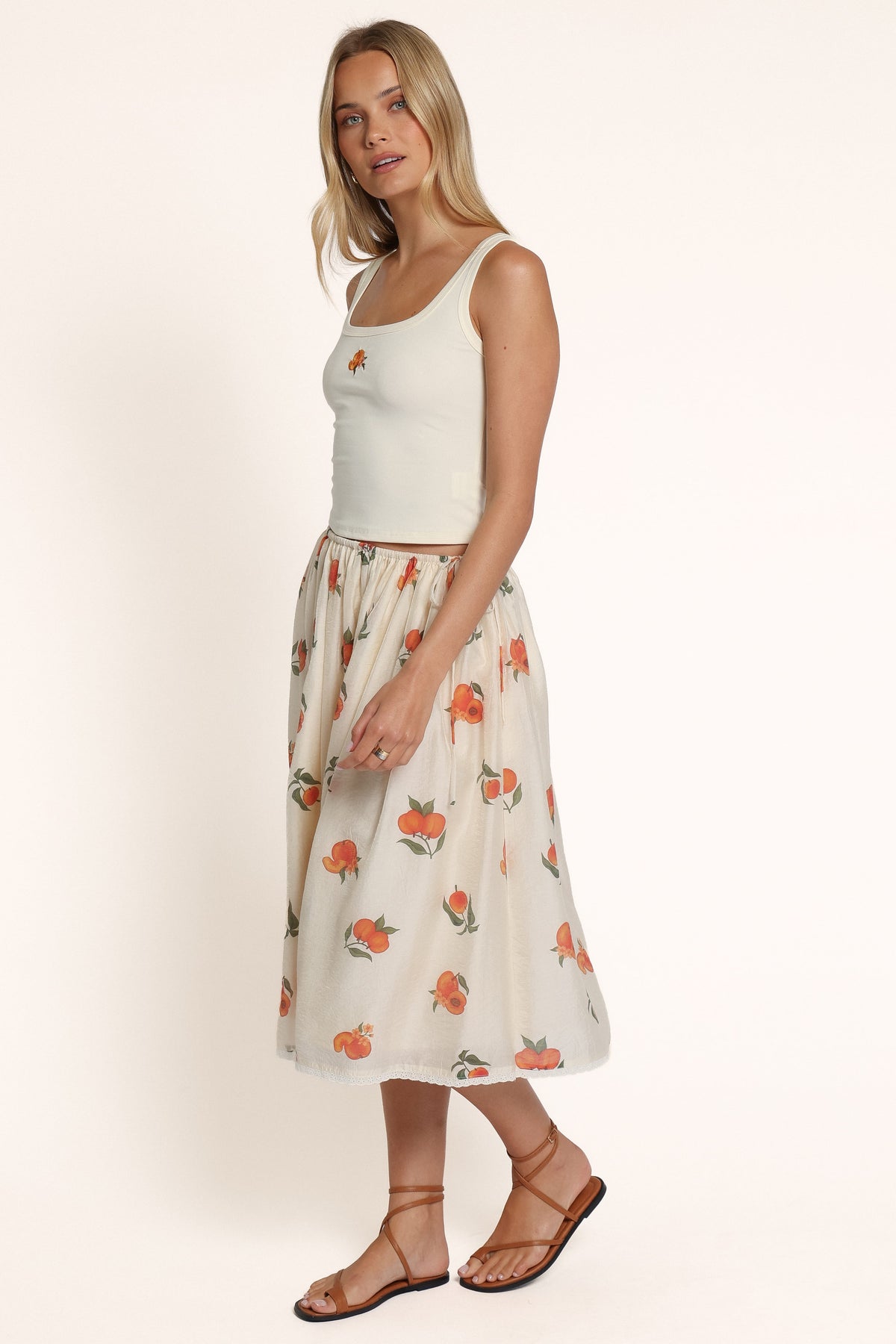 BOTTOMS Marcy Elastic Midi Skirt - Cream Peach Print