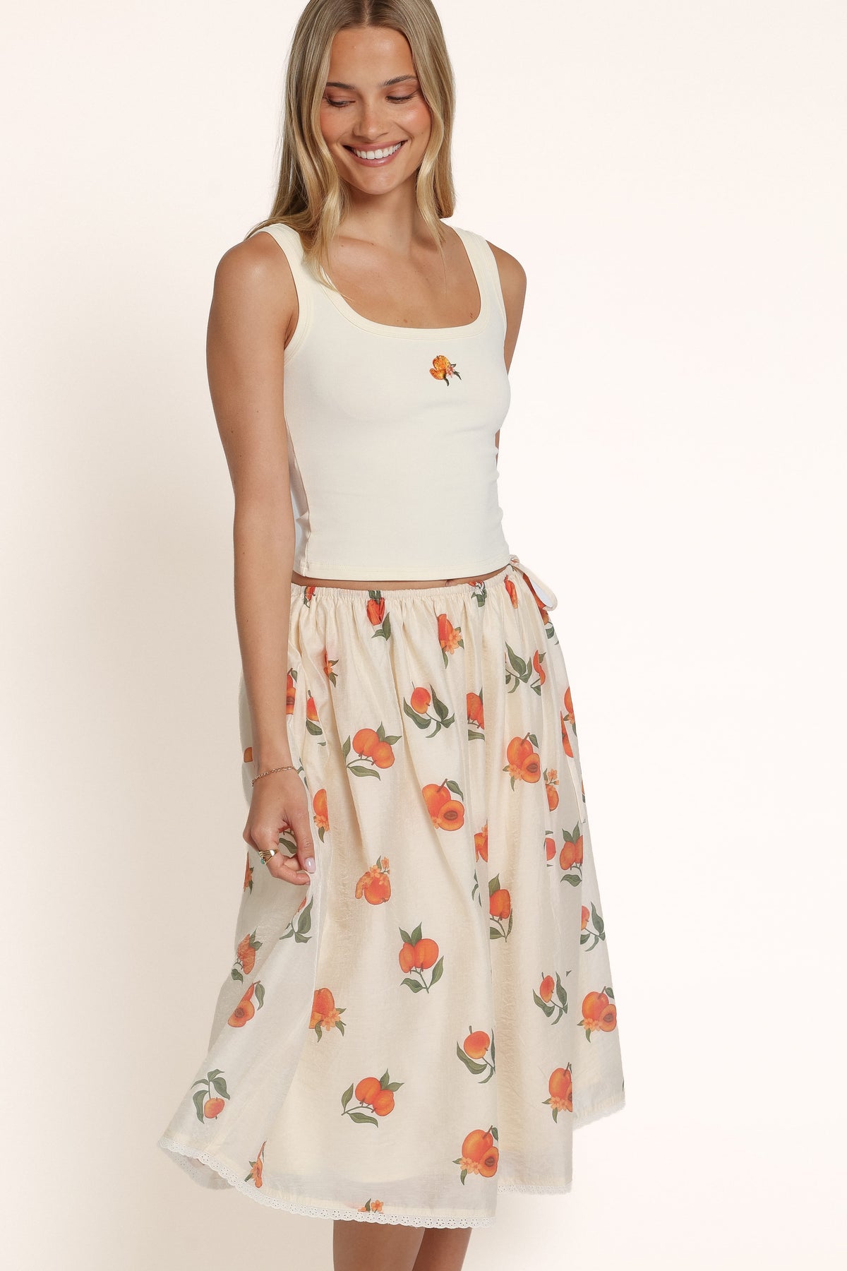 BOTTOMS Marcy Elastic Midi Skirt - Cream Peach Print
