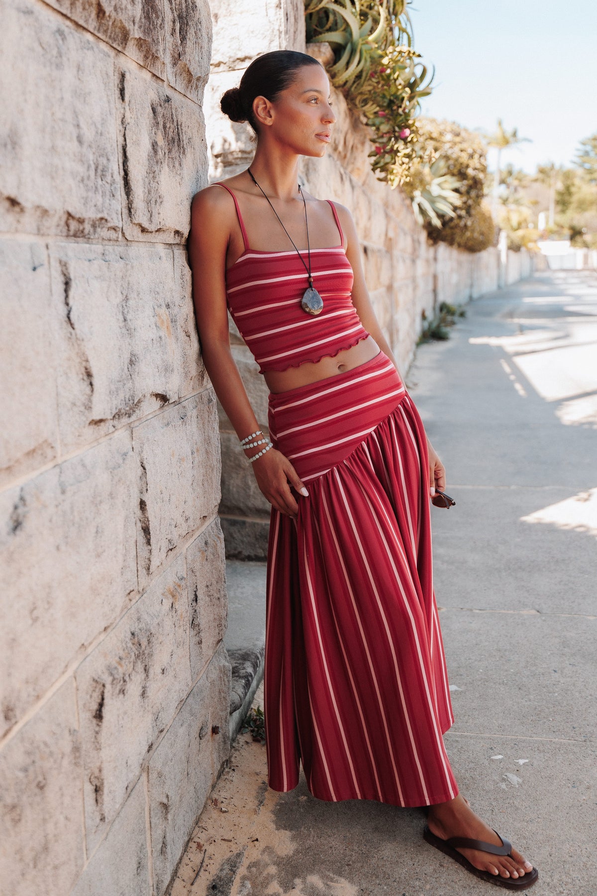 BOTTOMS Merlita Asymmetric Maxi Skirt - Red Stripe