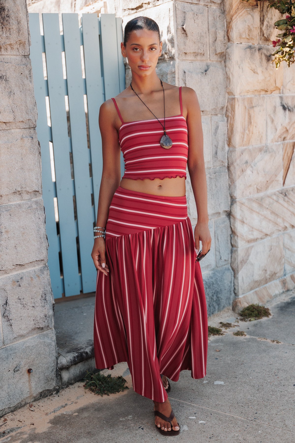 BOTTOMS Merlita Asymmetric Maxi Skirt - Red Stripe