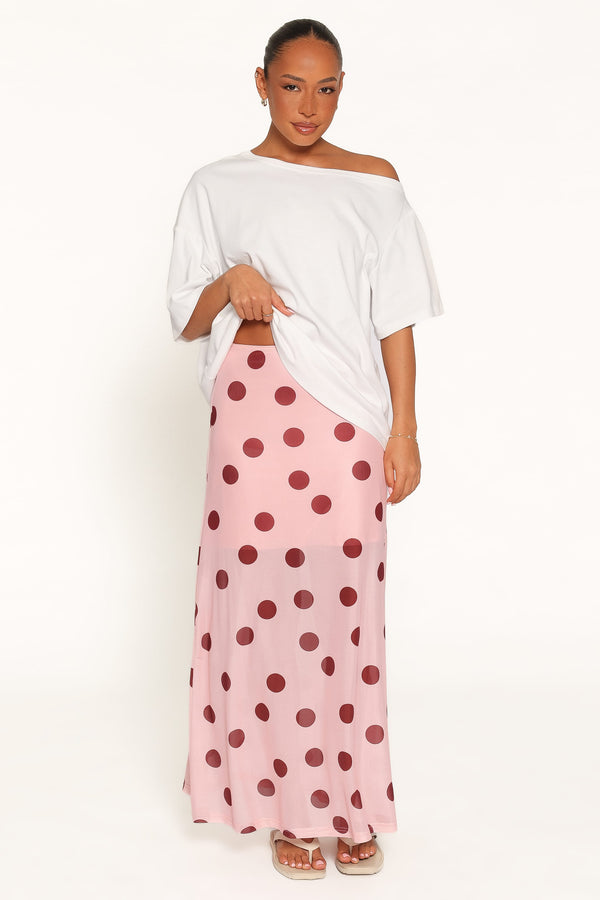 BOTTOMS Milani Mesh Column Skirt - Pink Polka Dot