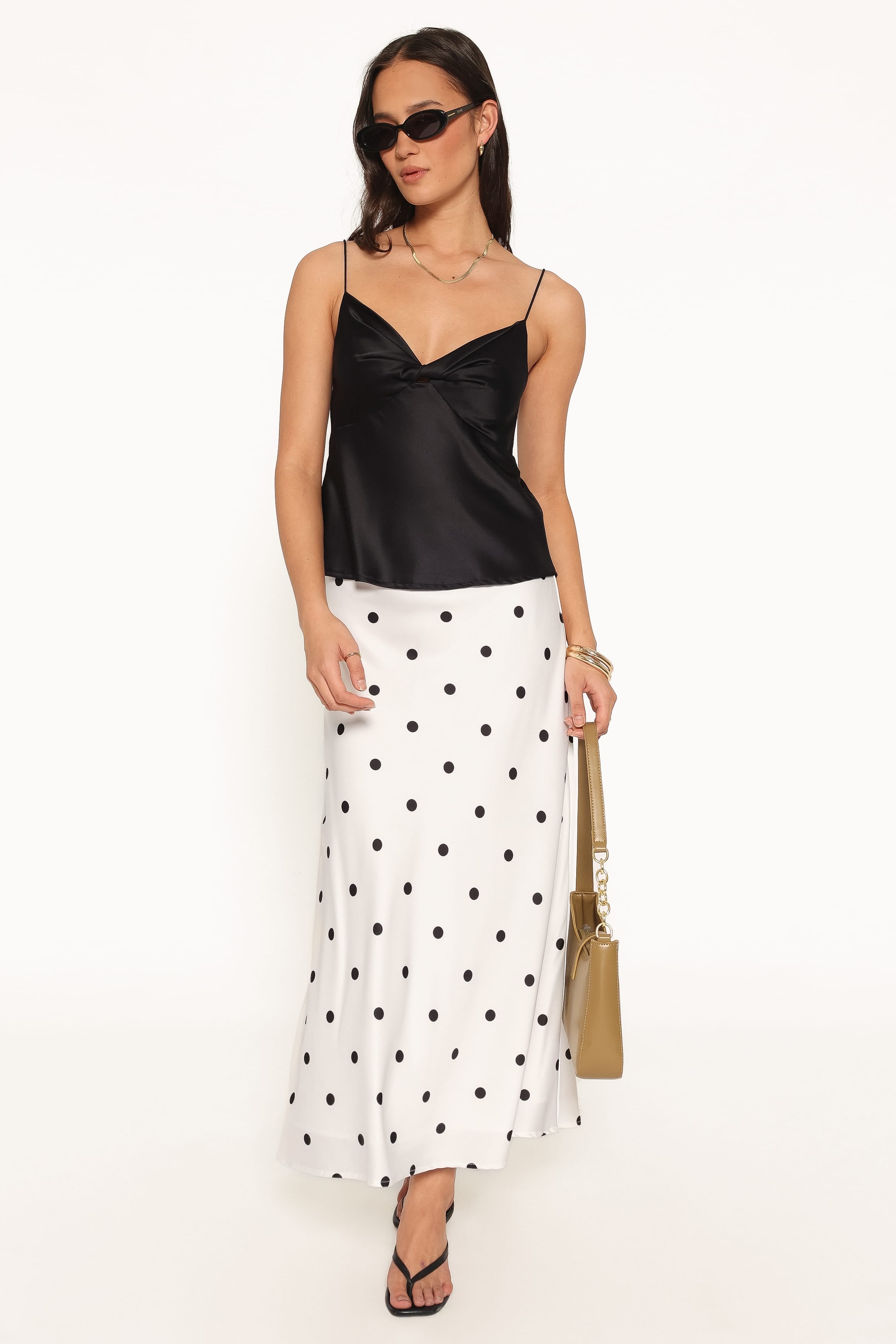 BOTTOMS Nellie Satin Midi Skirt - White Polka Dot