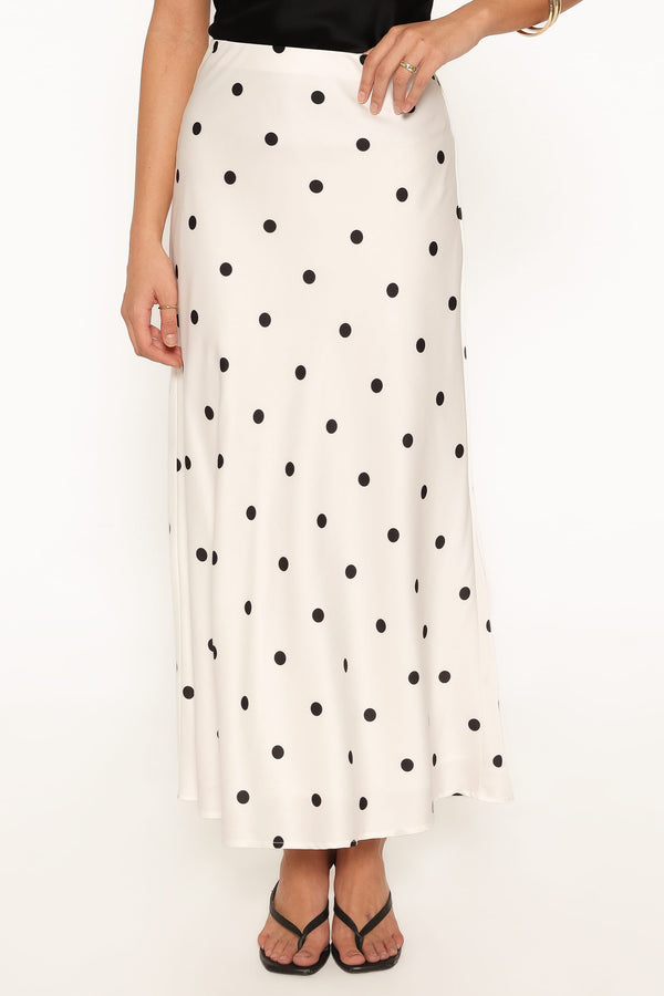 BOTTOMS Nellie Satin Midi Skirt - White Polka Dot