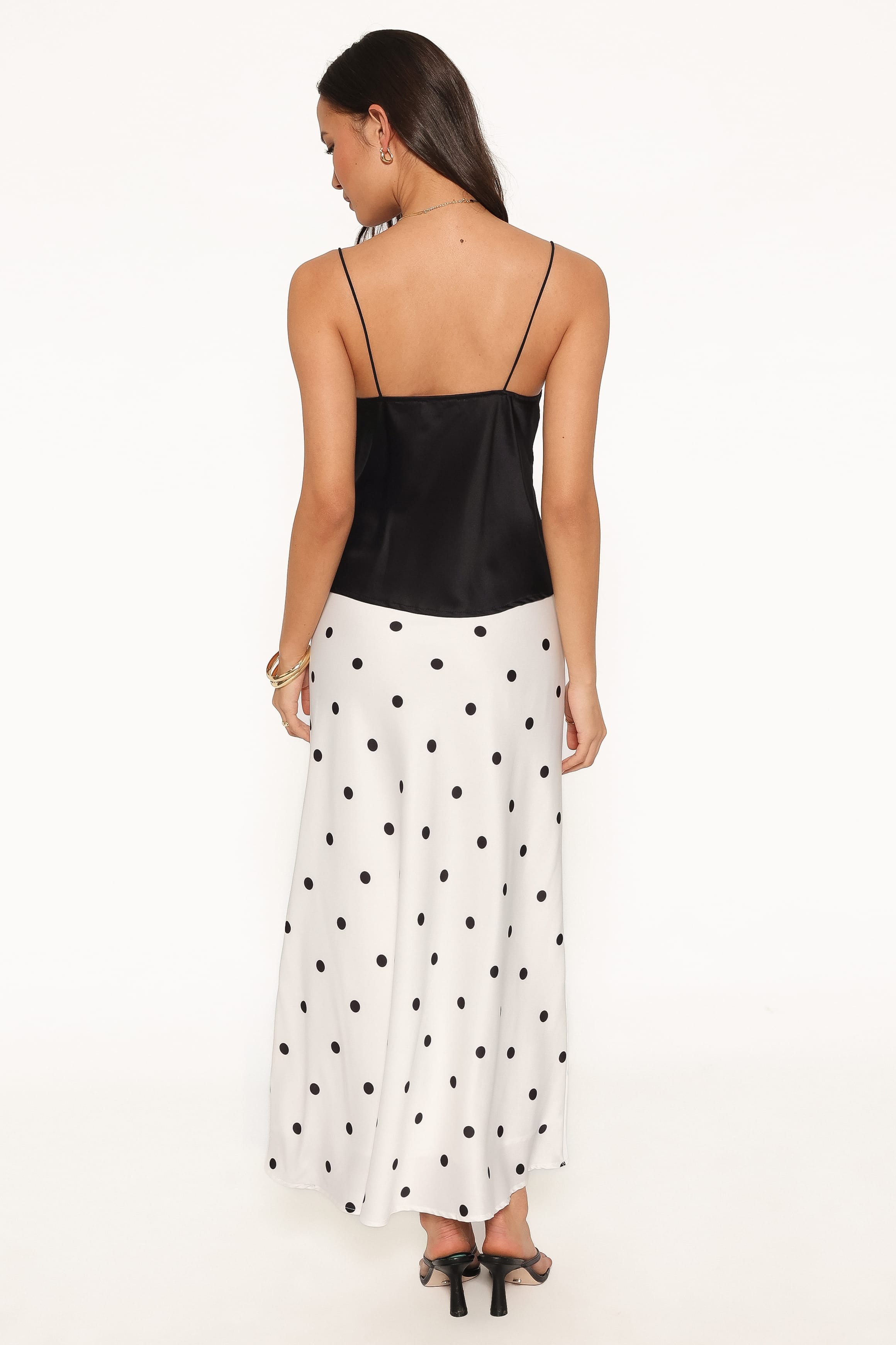 BOTTOMS Nellie Satin Midi Skirt - White Polka Dot