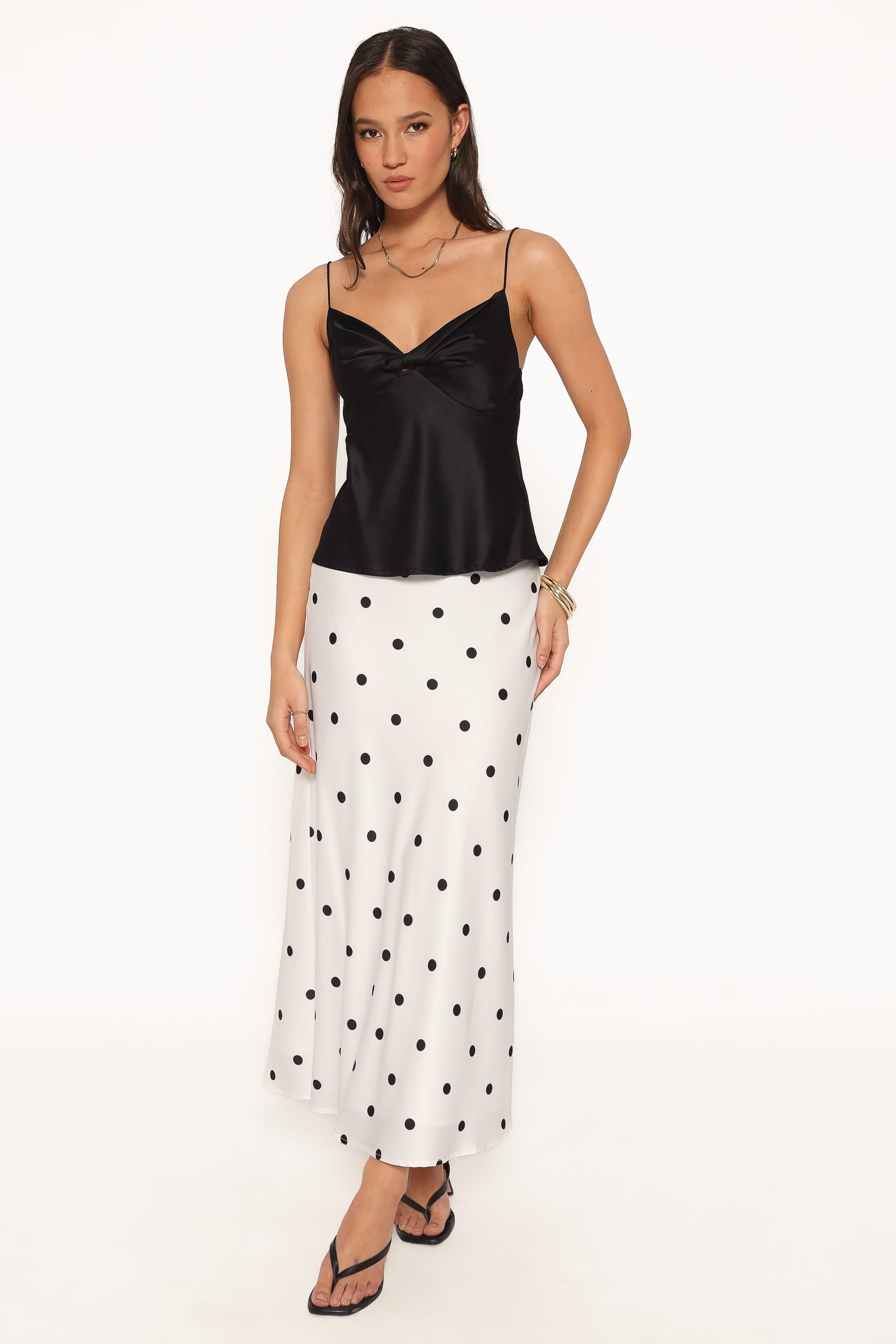 BOTTOMS Nellie Satin Midi Skirt - White Polka Dot