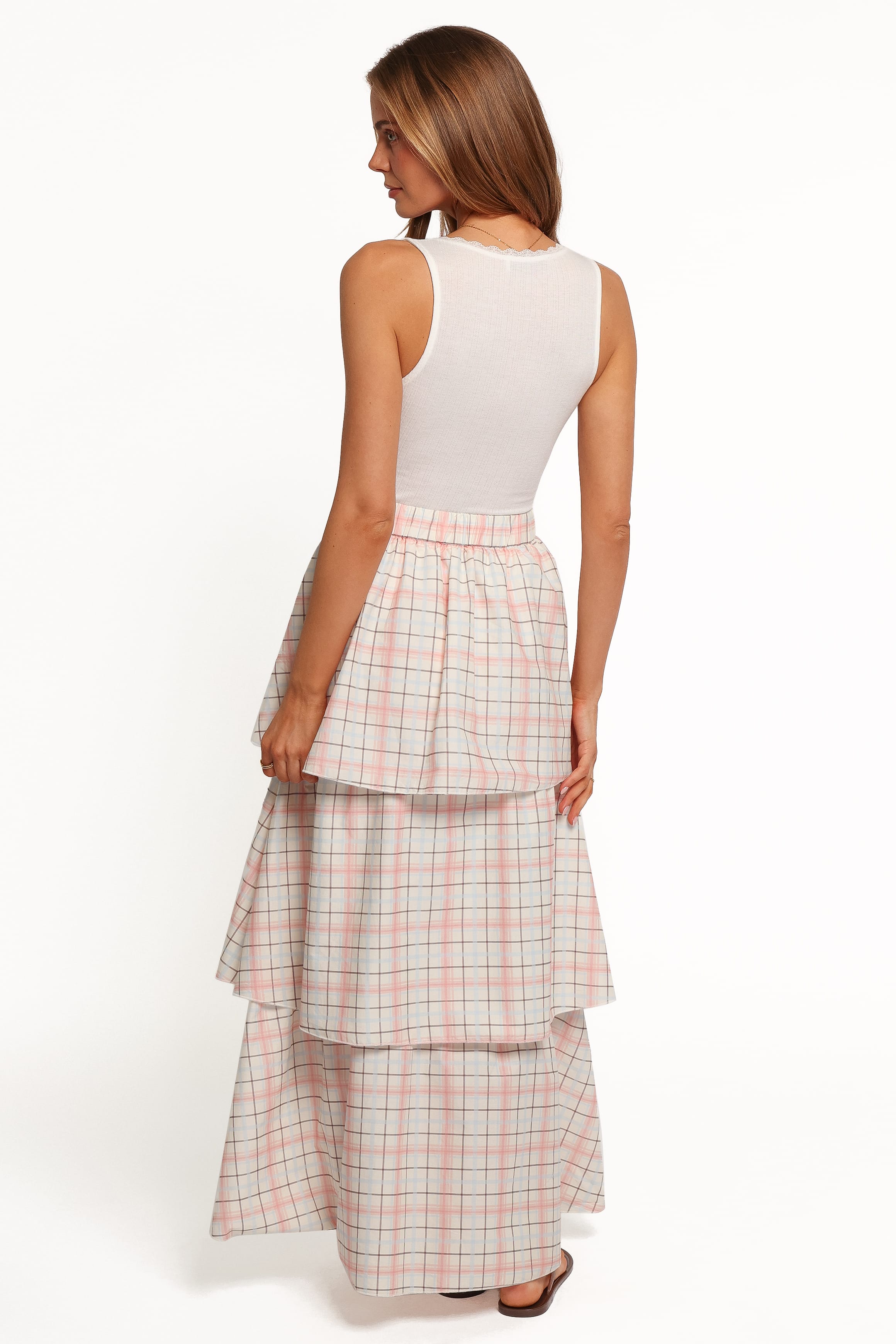 BOTTOMS Nyah Tiered Maxi Skirt - Pale Pink Plaid