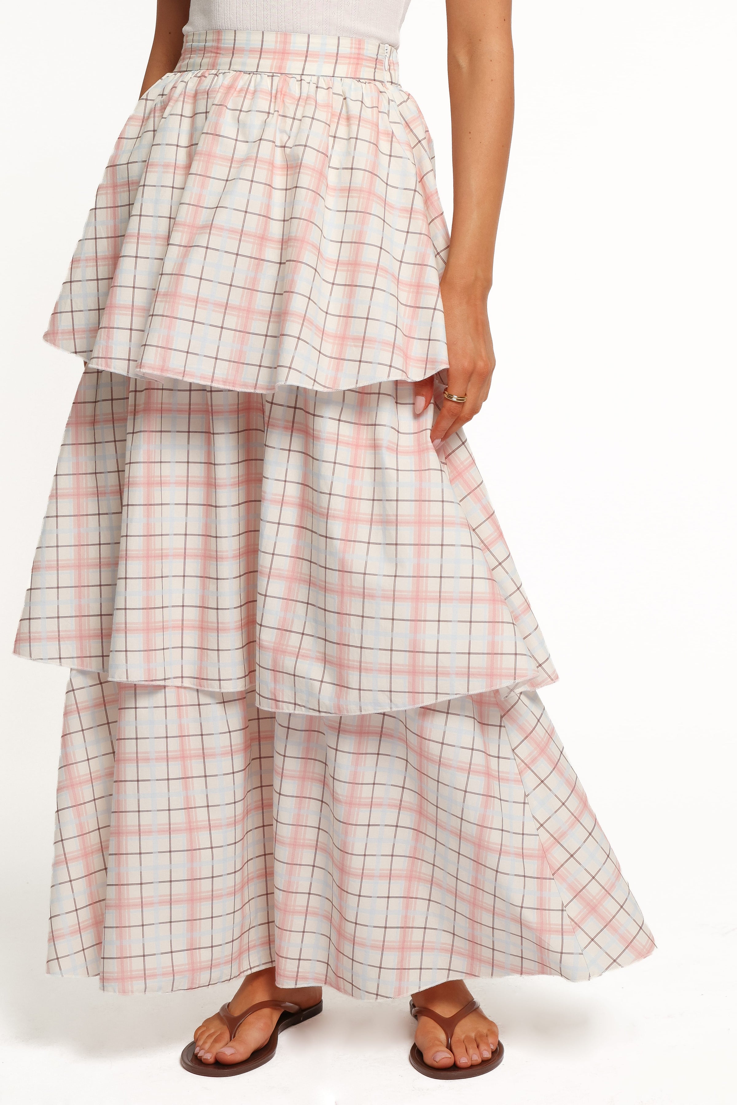 BOTTOMS Nyah Tiered Maxi Skirt - Pale Pink Plaid