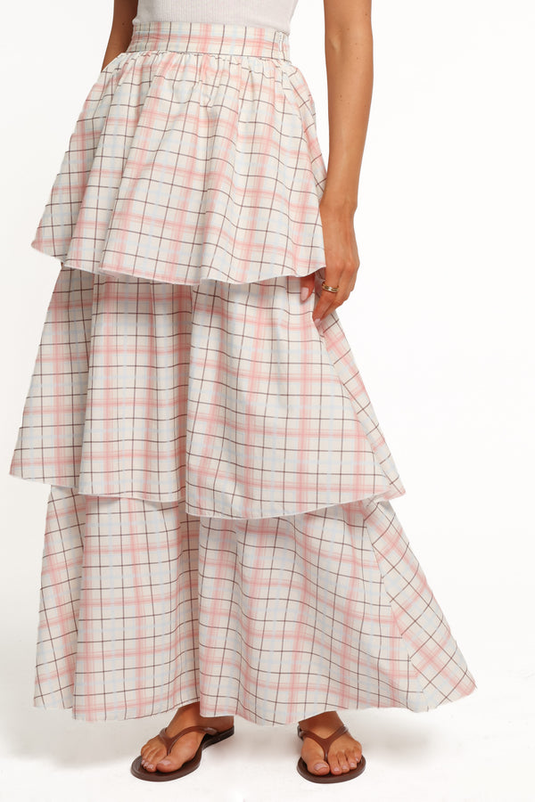 BOTTOMS Nyah Tiered Maxi Skirt - Pale Pink Plaid