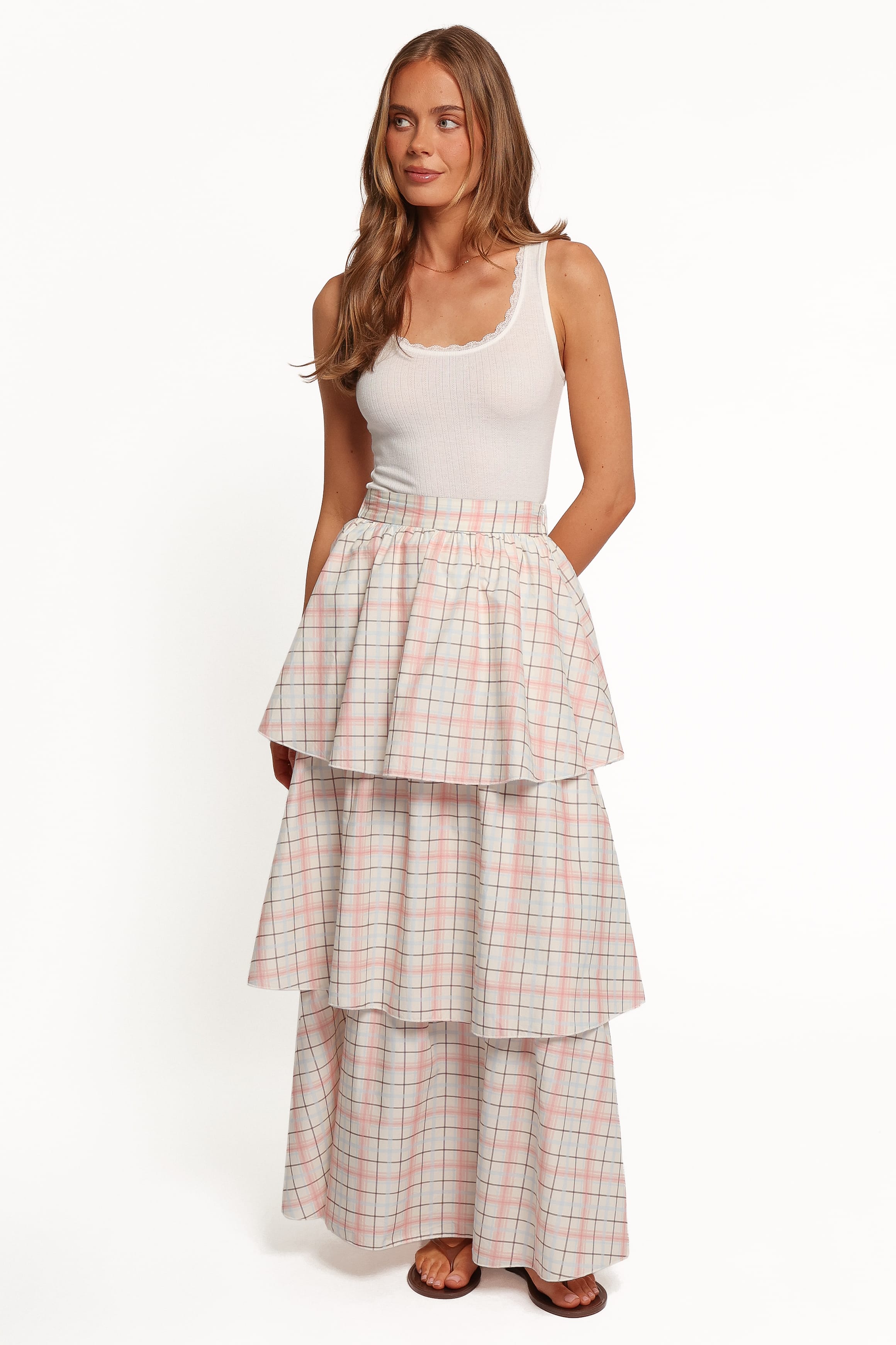 BOTTOMS Nyah Tiered Maxi Skirt - Pale Pink Plaid
