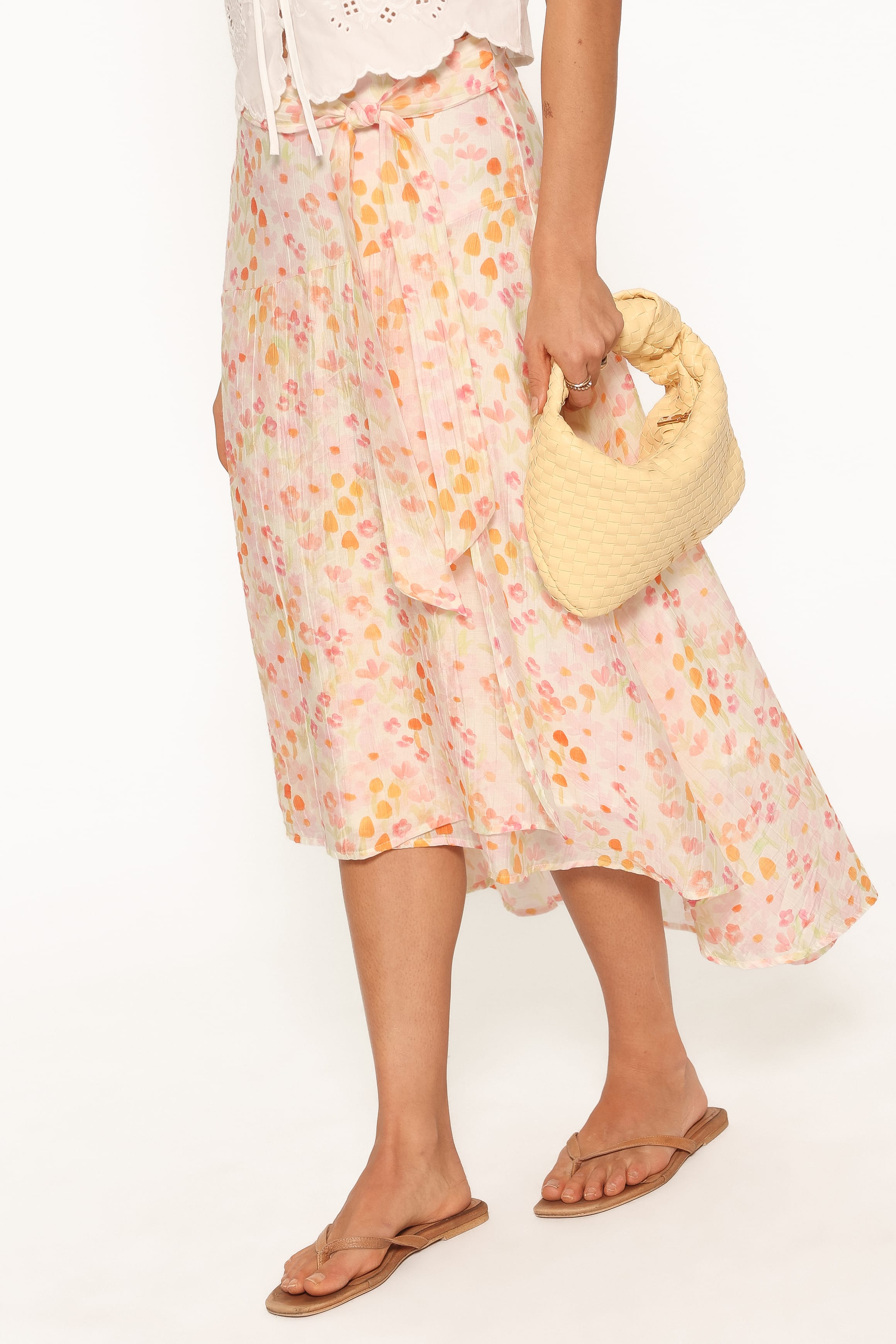 BOTTOMS Pollie Tie Front Midi Skirt - Pink Floral