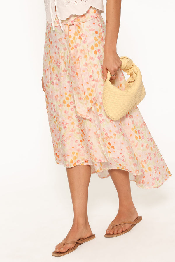 BOTTOMS Pollie Tie Front Midi Skirt - Pink Floral
