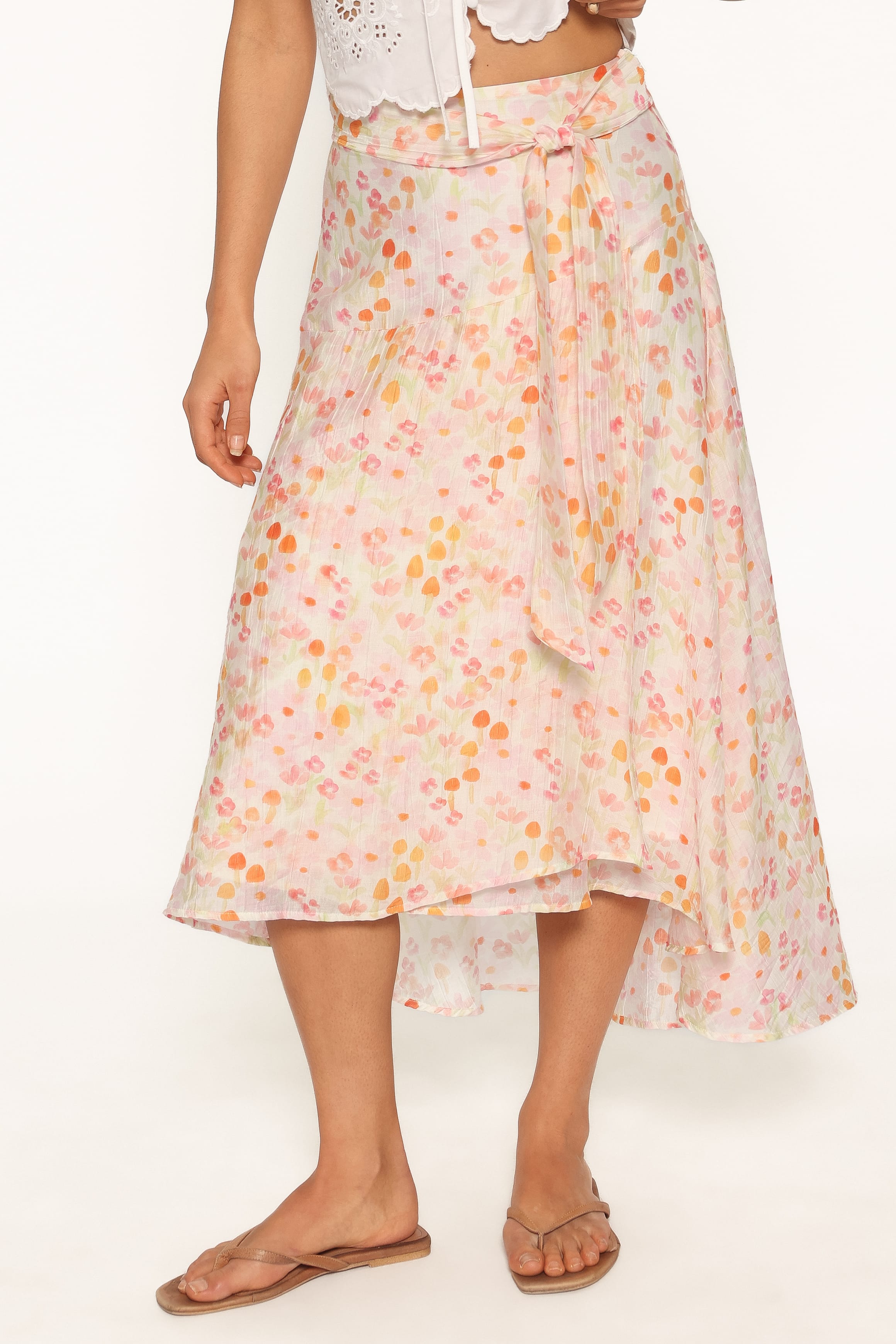 BOTTOMS Pollie Tie Front Midi Skirt - Pink Floral