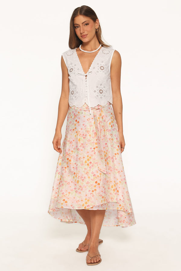 BOTTOMS Pollie Tie Front Midi Skirt - Pink Floral