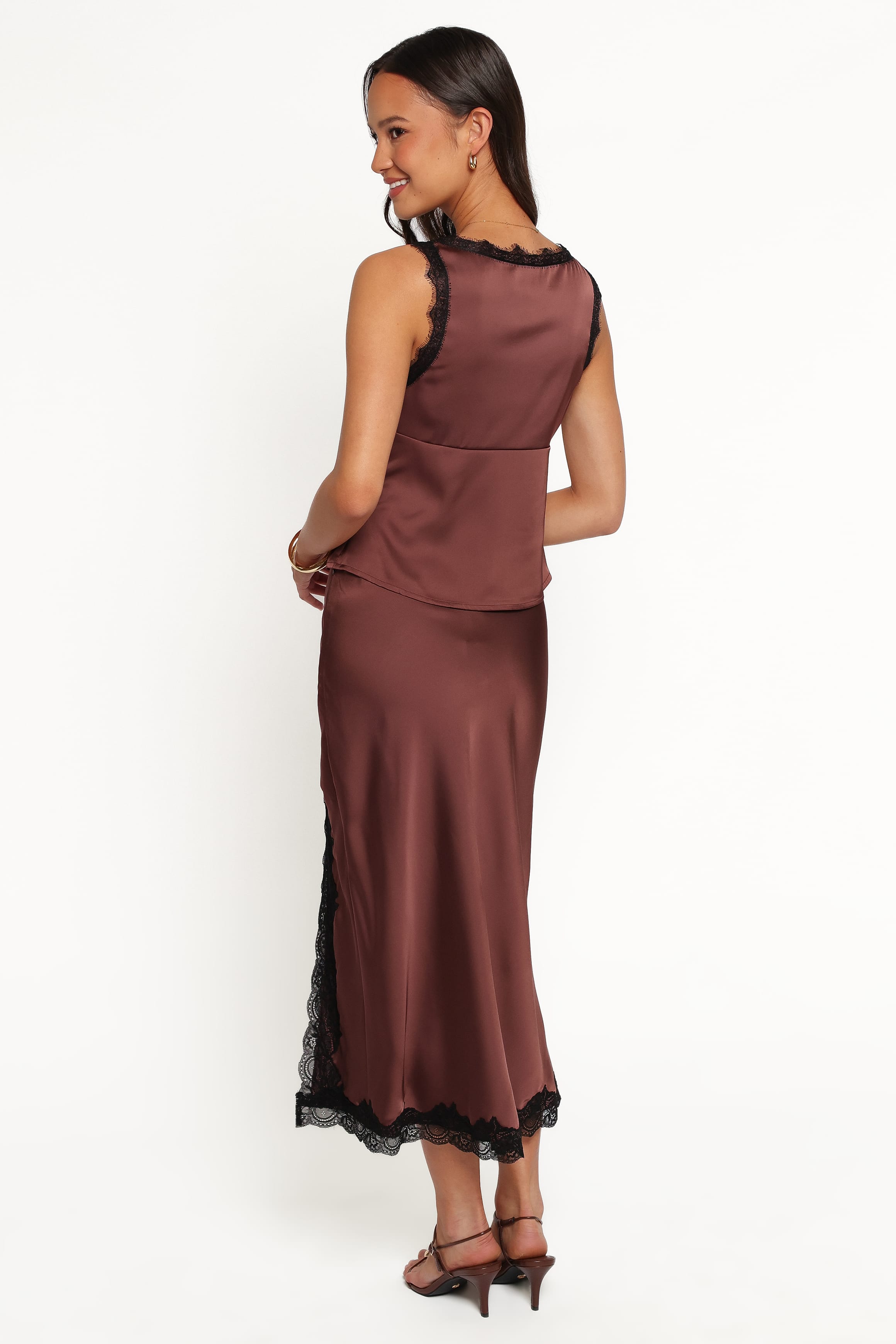 BOTTOMS Theoni Slit Front Lace Trim Skirt - Brown