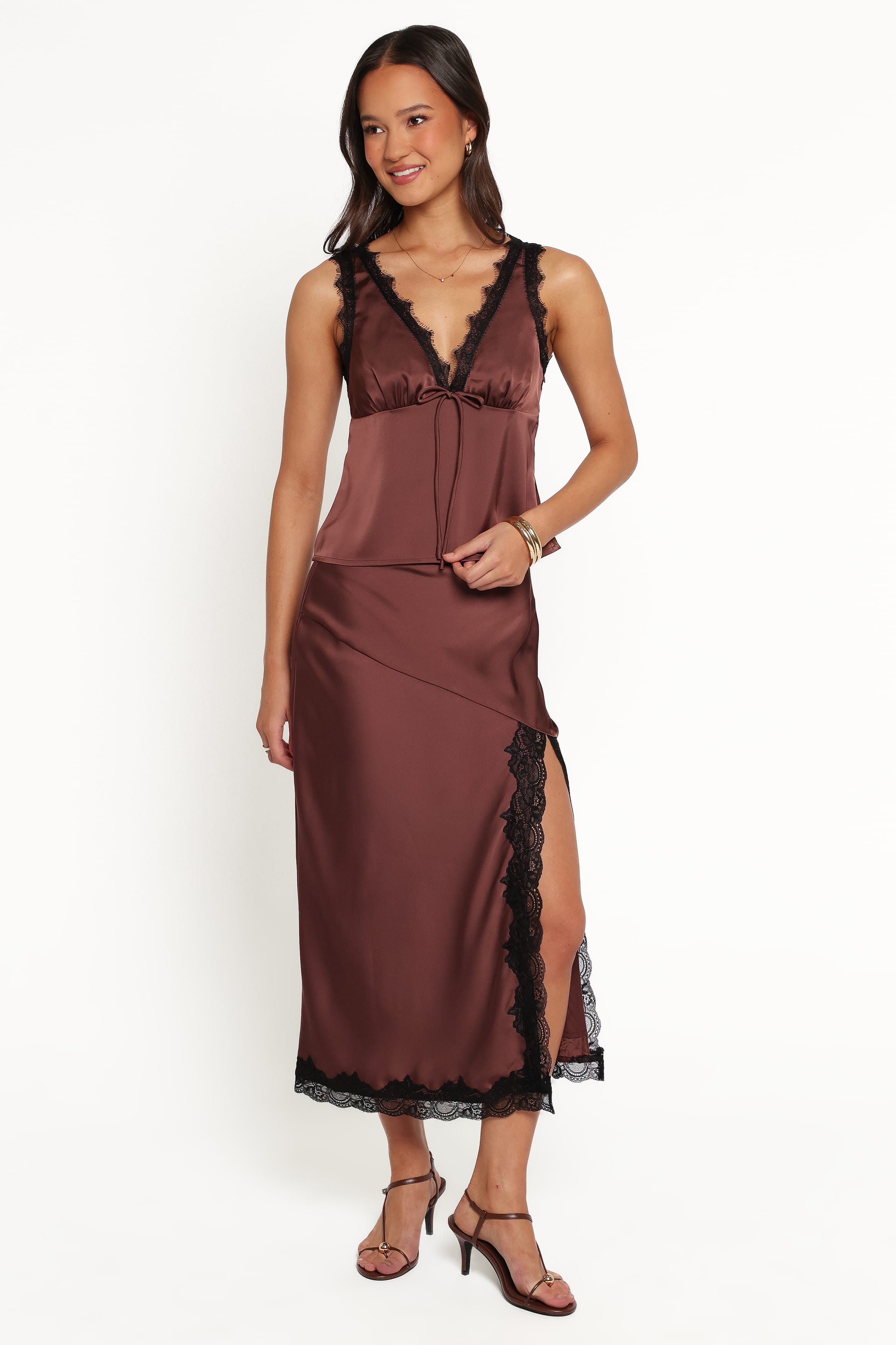BOTTOMS Theoni Slit Front Lace Trim Skirt - Brown